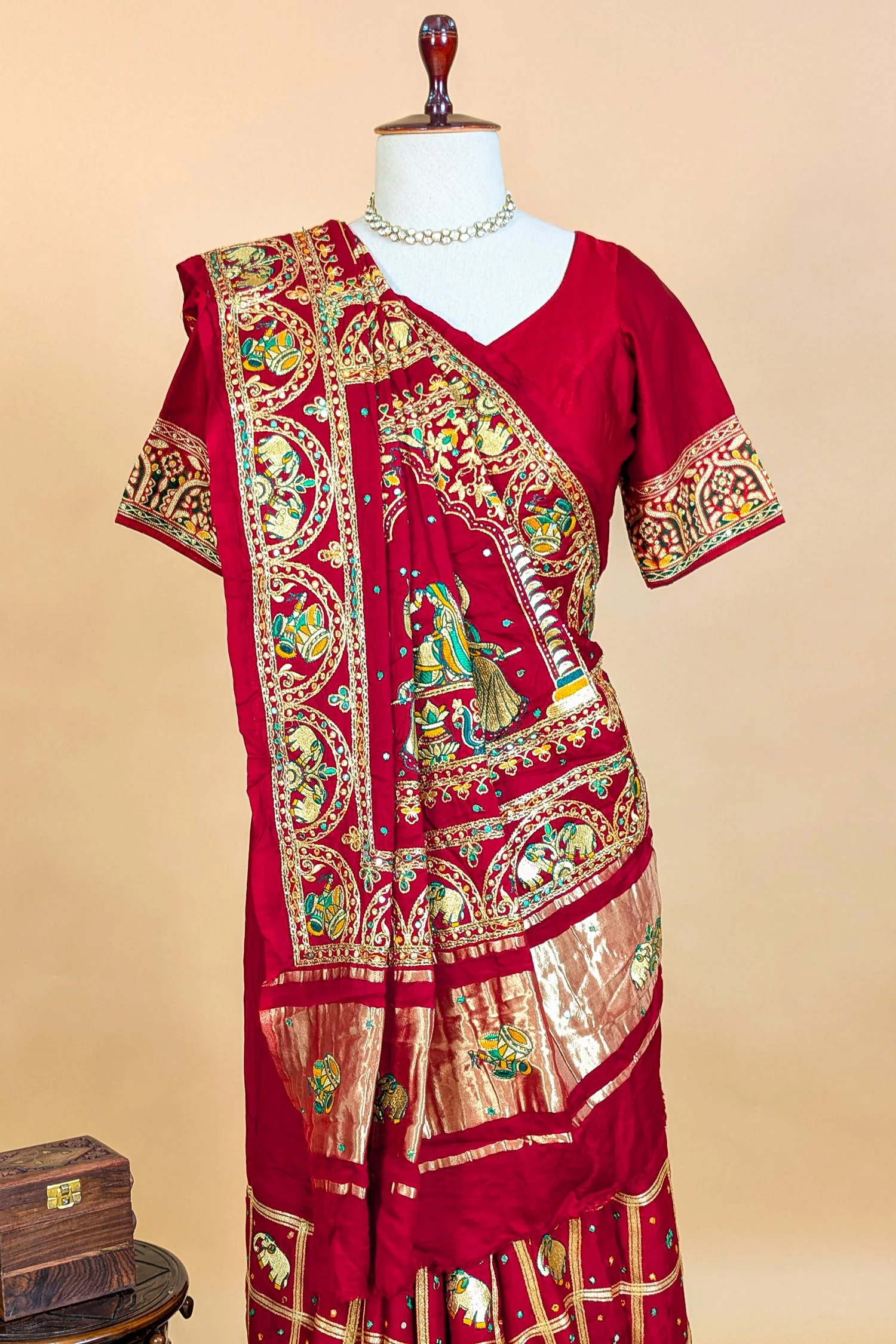 Maroon Gaji Silk Traditional Checks Gharchola Saree - Image 6