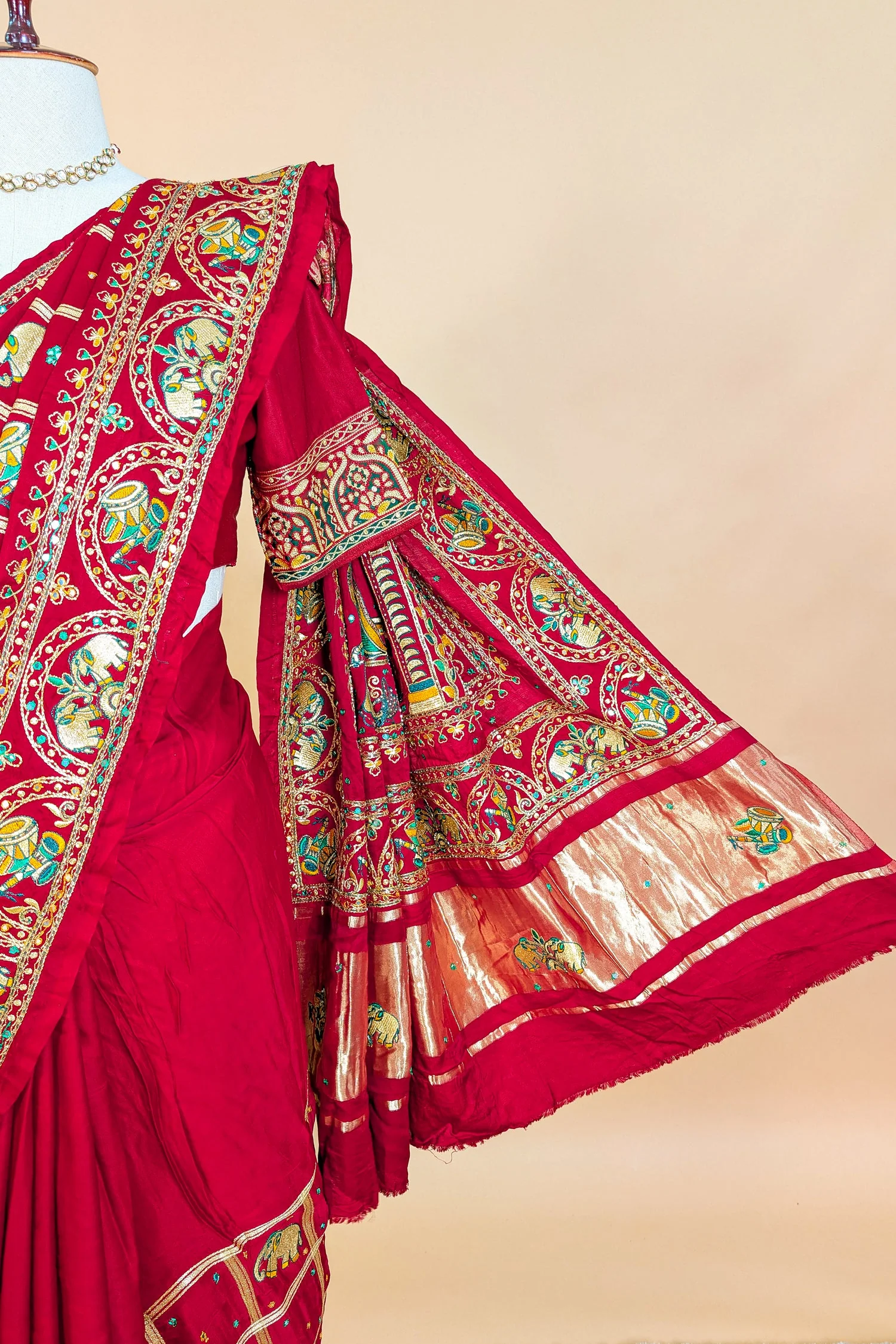 Maroon Gaji Silk Traditional Checks Gharchola Saree - Image 7