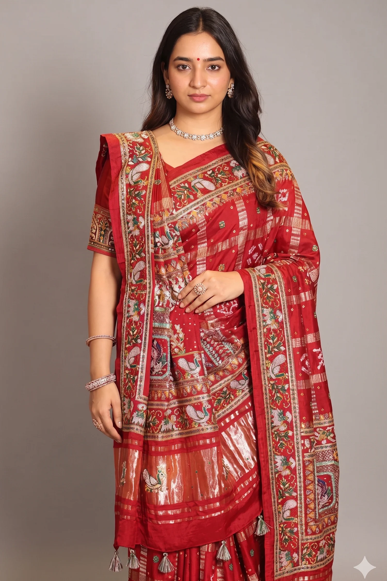 Maroon Gaji Silk Traditional Gharchola Saree with Embroidery and Peacock and Elephant Motif - Image 2