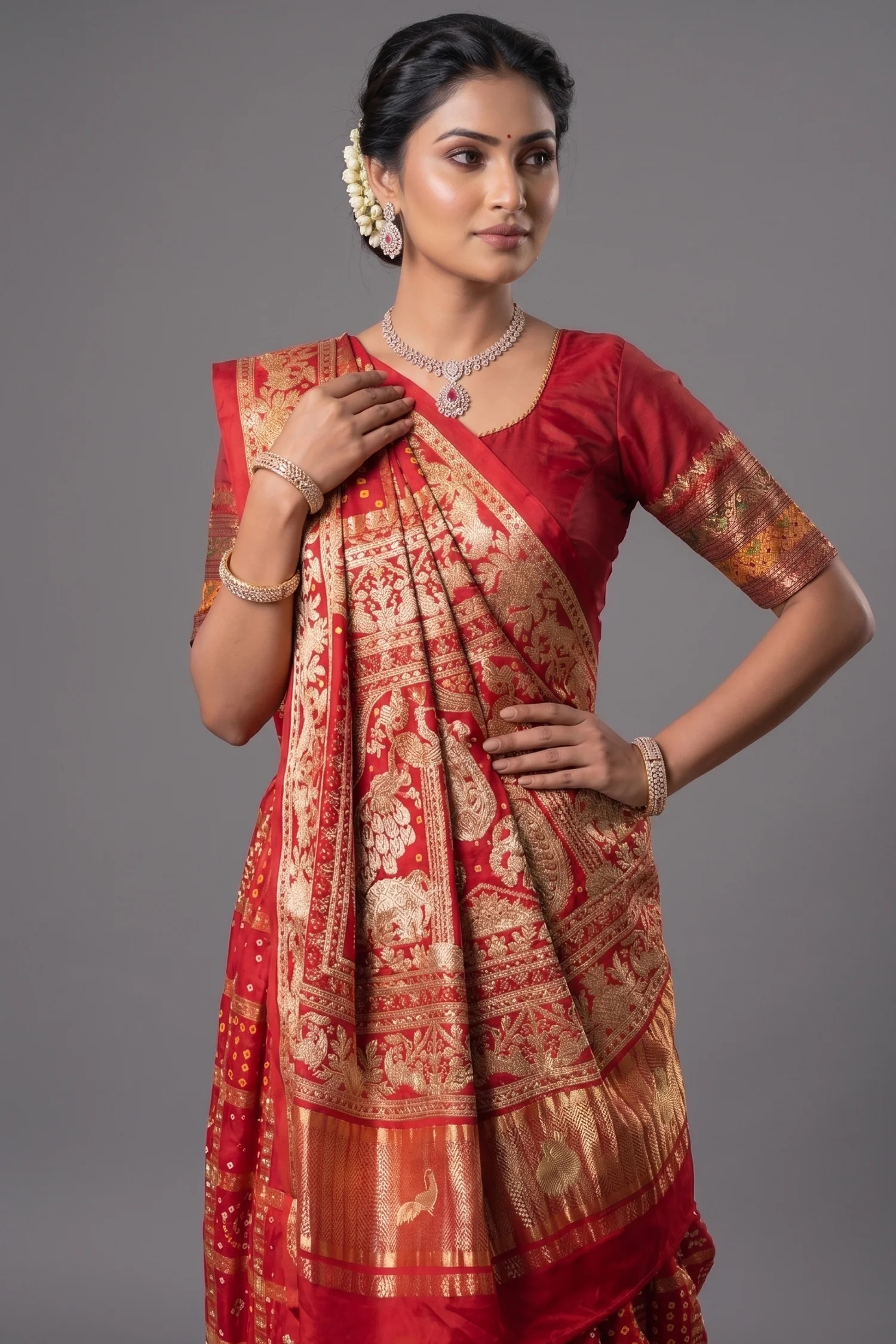 Maroon Gaji Silk Traditional Gharchola Saree with Embroidery - Image 2