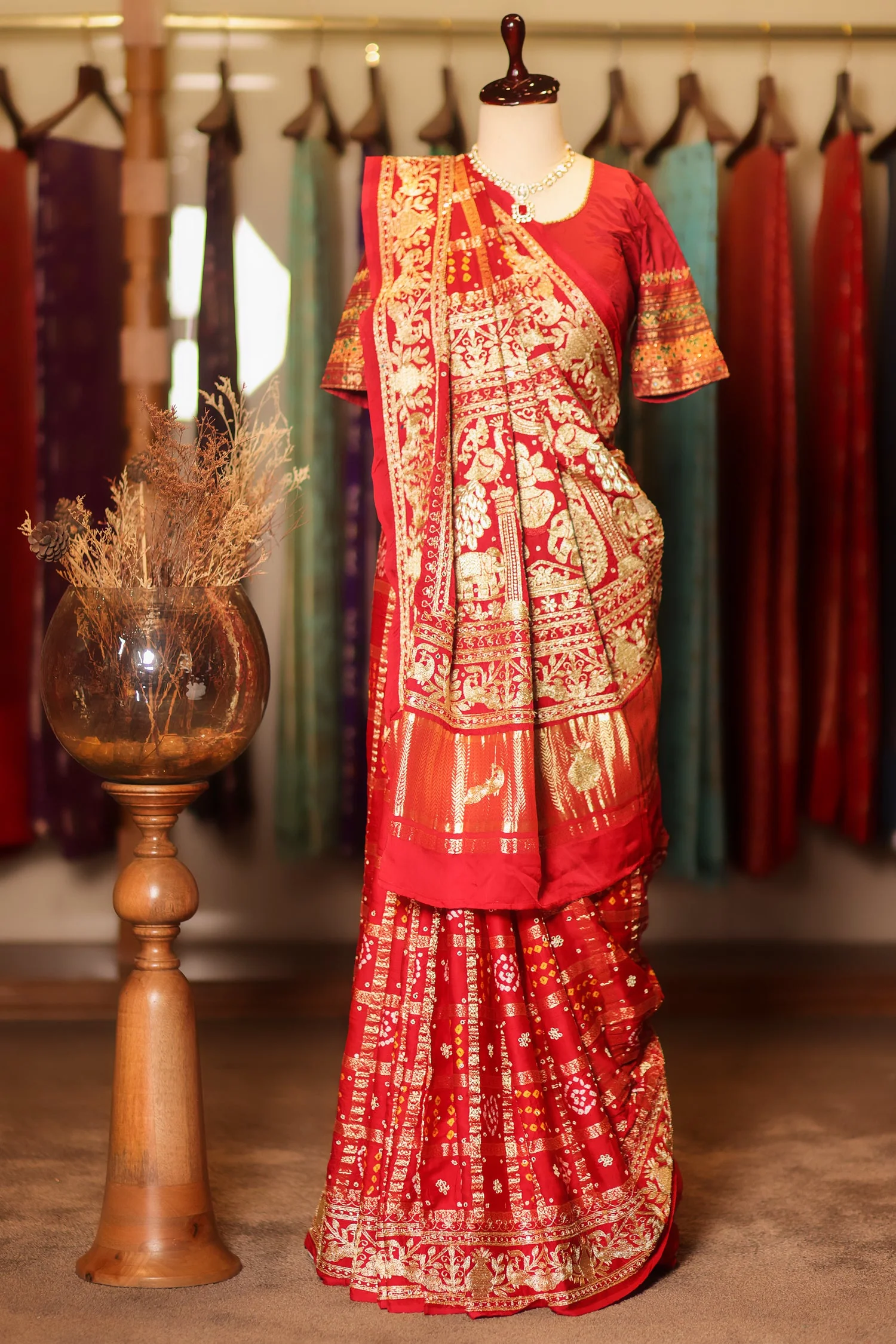 Maroon Gaji Silk Traditional Gharchola Saree with Embroidery - Image 3