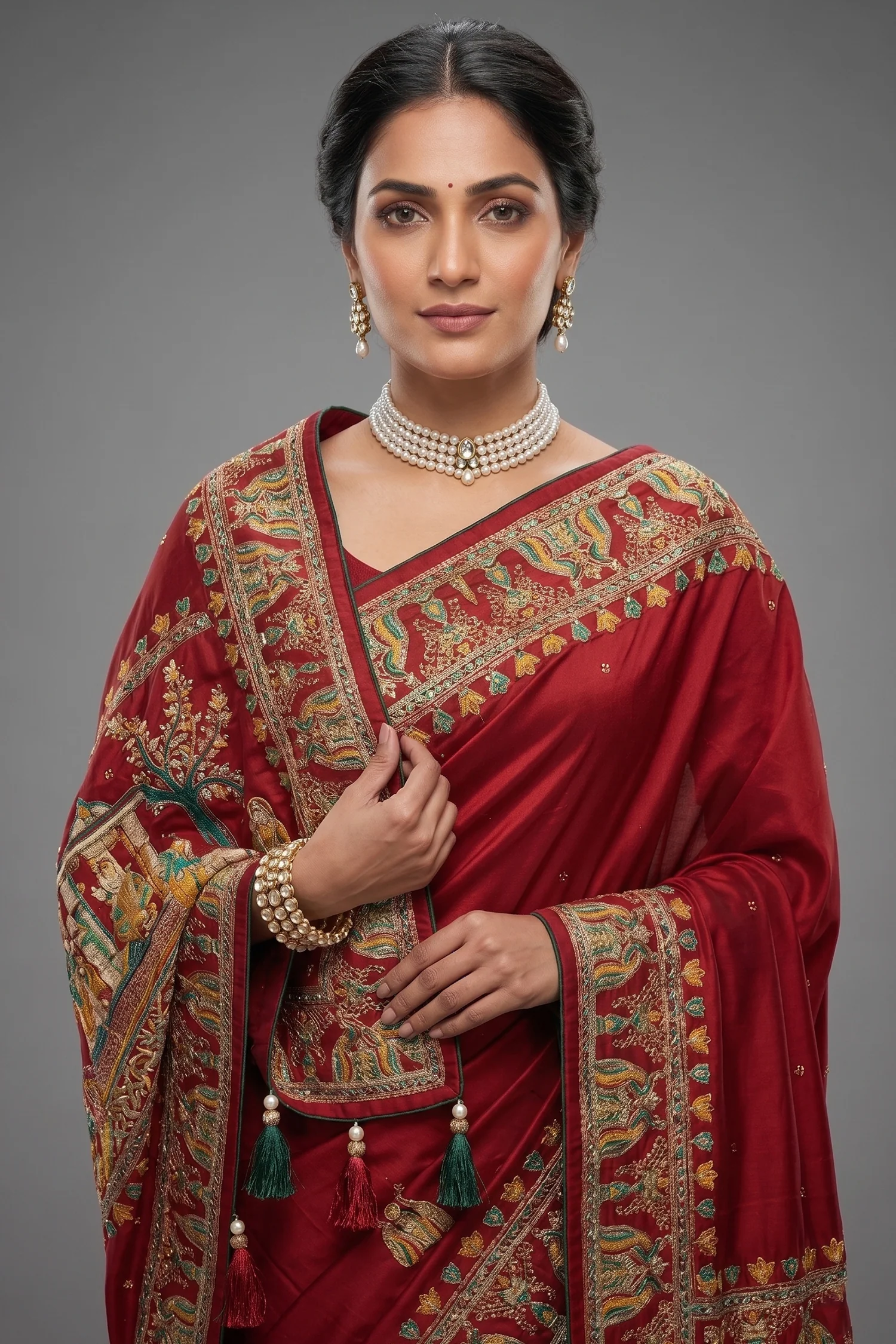Maroon Gaji Silk Traditional Gharchola Saree with Tassles - Image 2