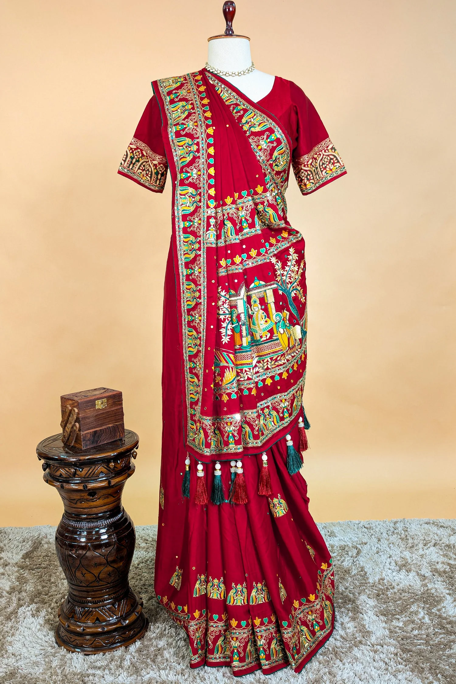 Maroon Gaji Silk Traditional Gharchola Saree with Tassles - Image 5