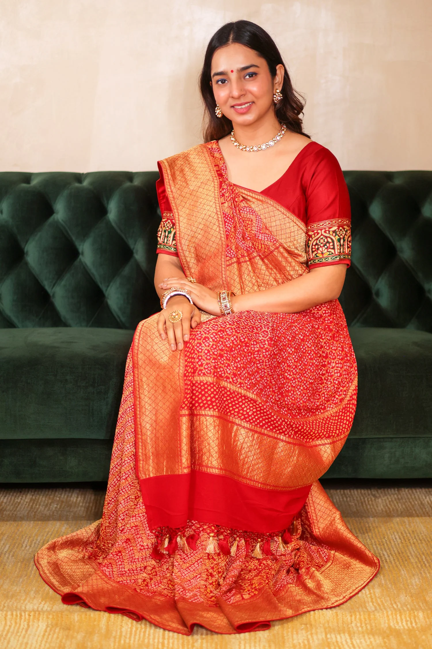 Maroon Georgette Bandhej Saree with Real Zari Kadva Weaving - Image 2