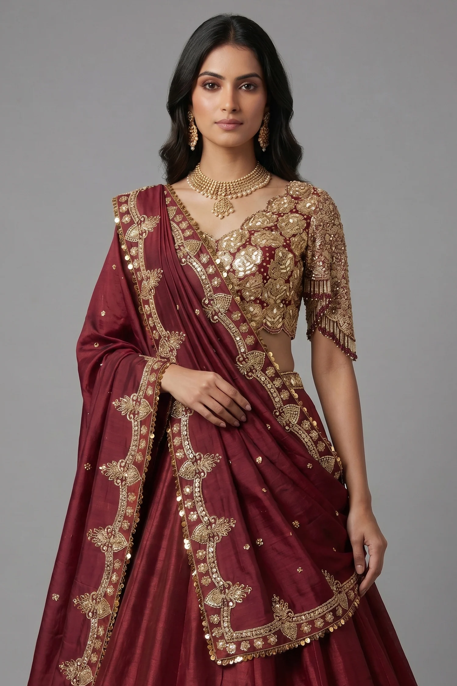 Maroon Glass Tissue Organza Lehenga with Sequin Work - Image 2