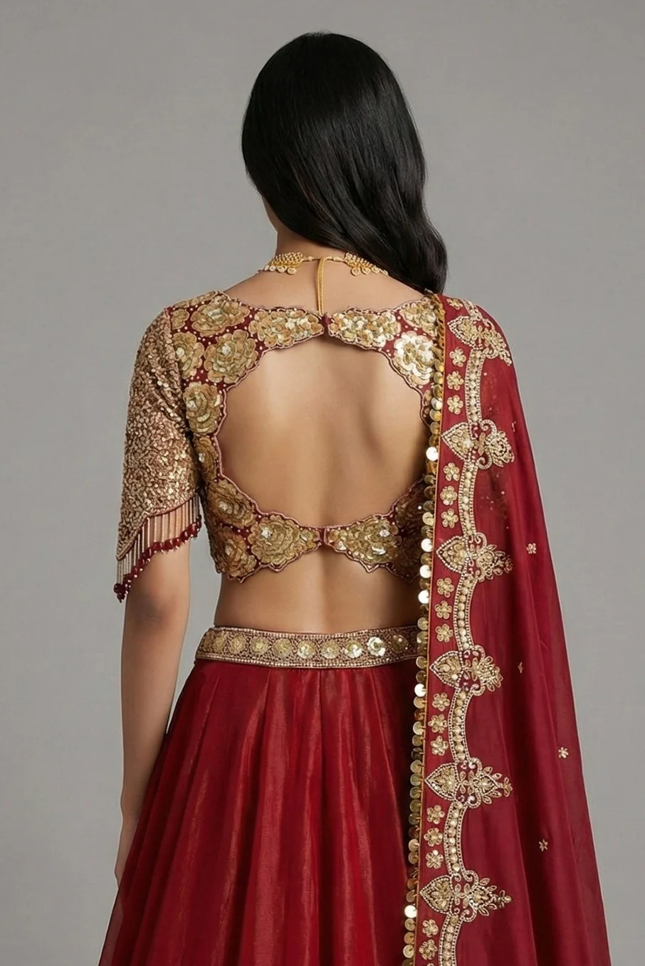 Maroon Glass Tissue Organza Lehenga with Sequin Work - Image 3