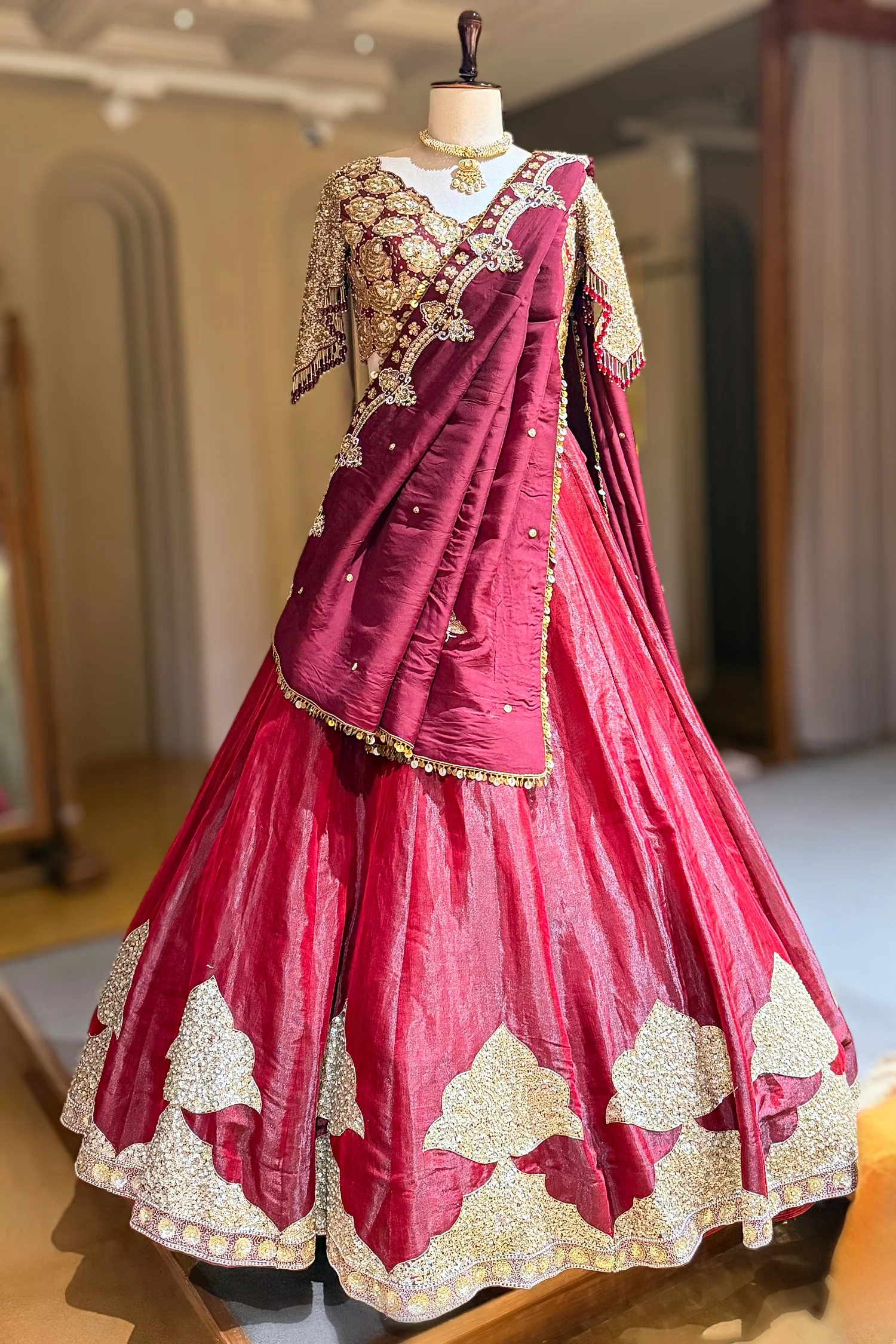Maroon Glass Tissue Organza Lehenga with Sequin Work - Image 4