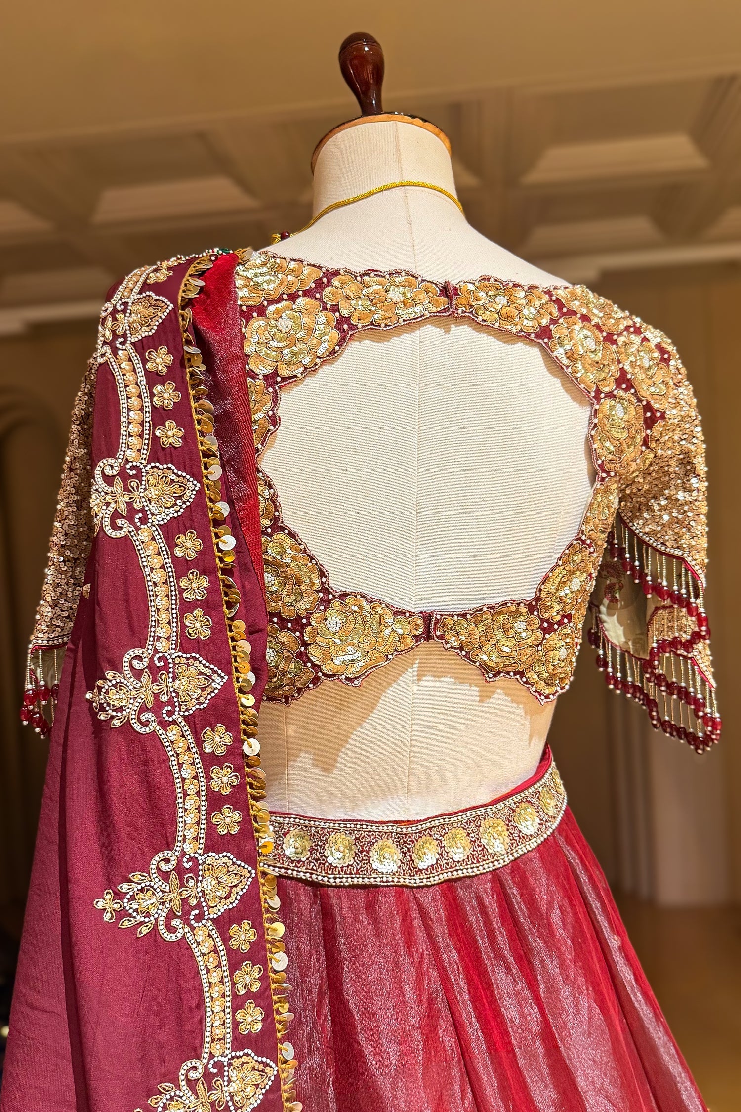 Maroon Glass Tissue Organza Lehenga with Sequin Work - Image 5