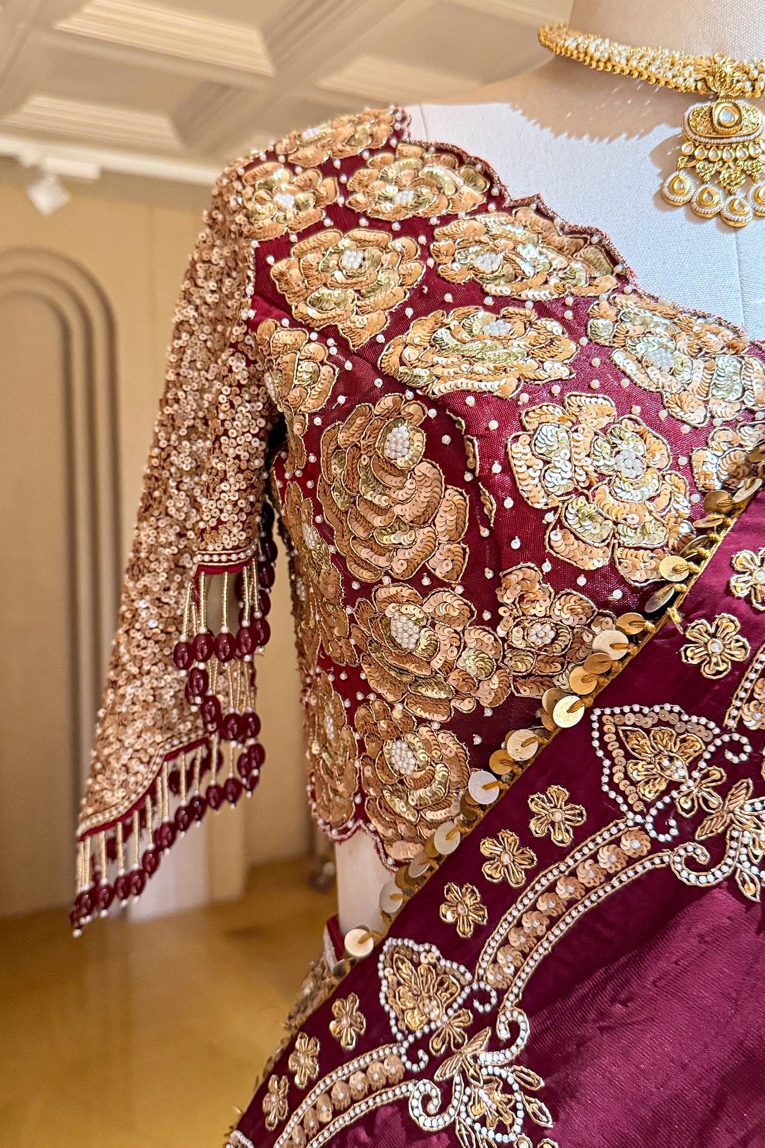 Maroon Glass Tissue Organza Lehenga with Sequin Work - Image 6