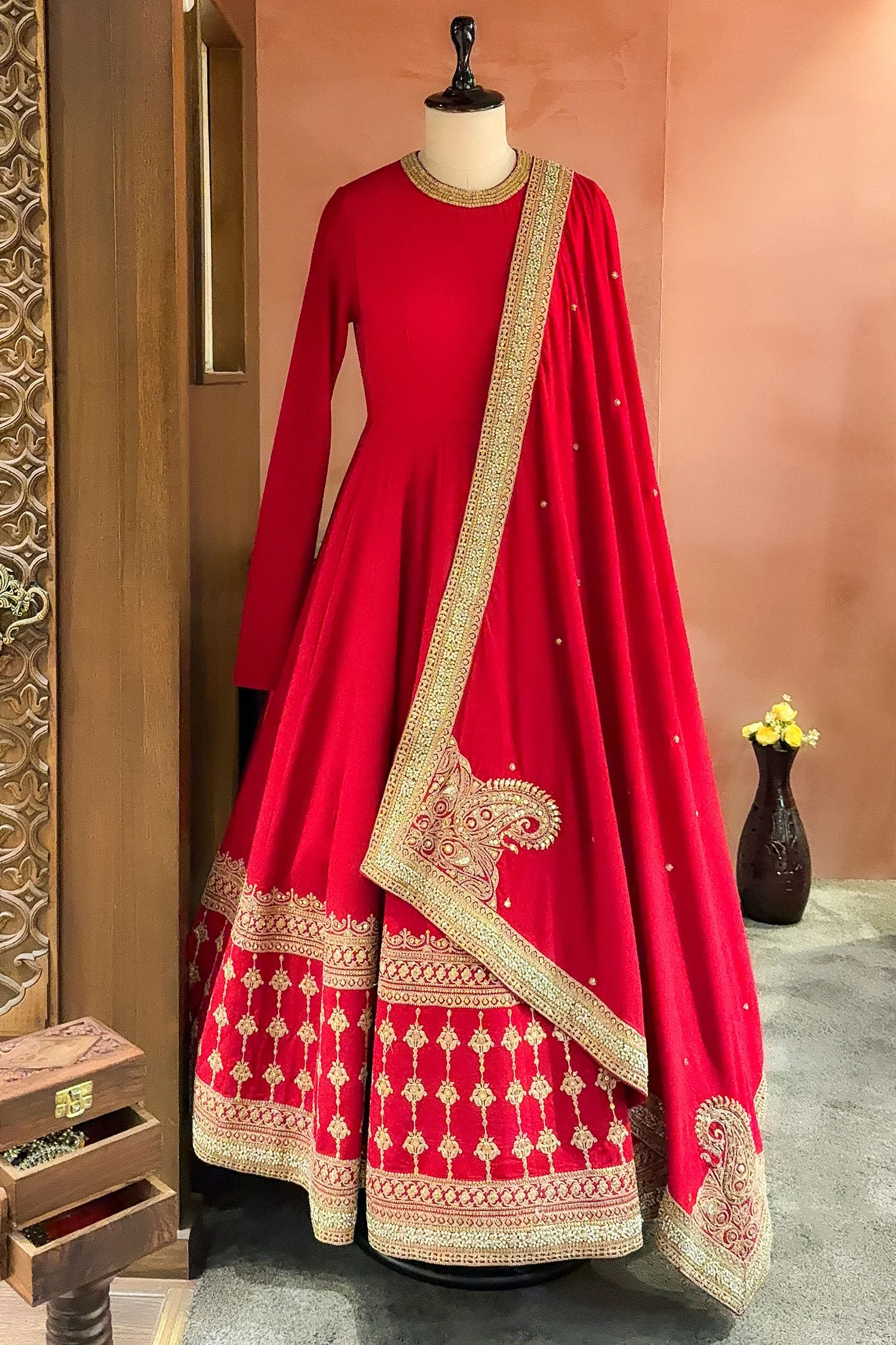 Maroon Matka Silk Anarkali Suit with Sequin Embroidery Work - Image 3