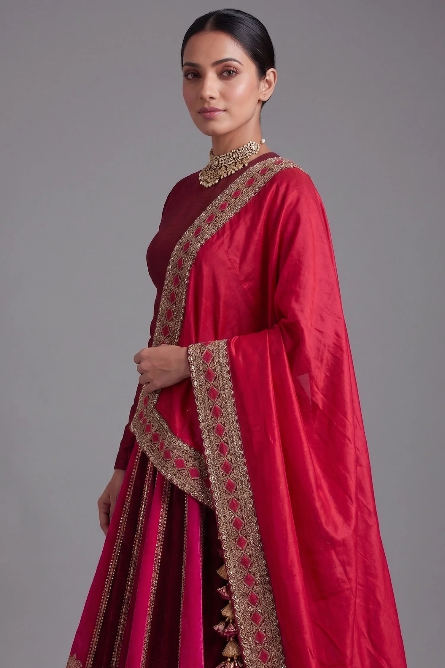 Maroon Matka Silk Designer Boat Neck Bridal Lehenga - Image 2