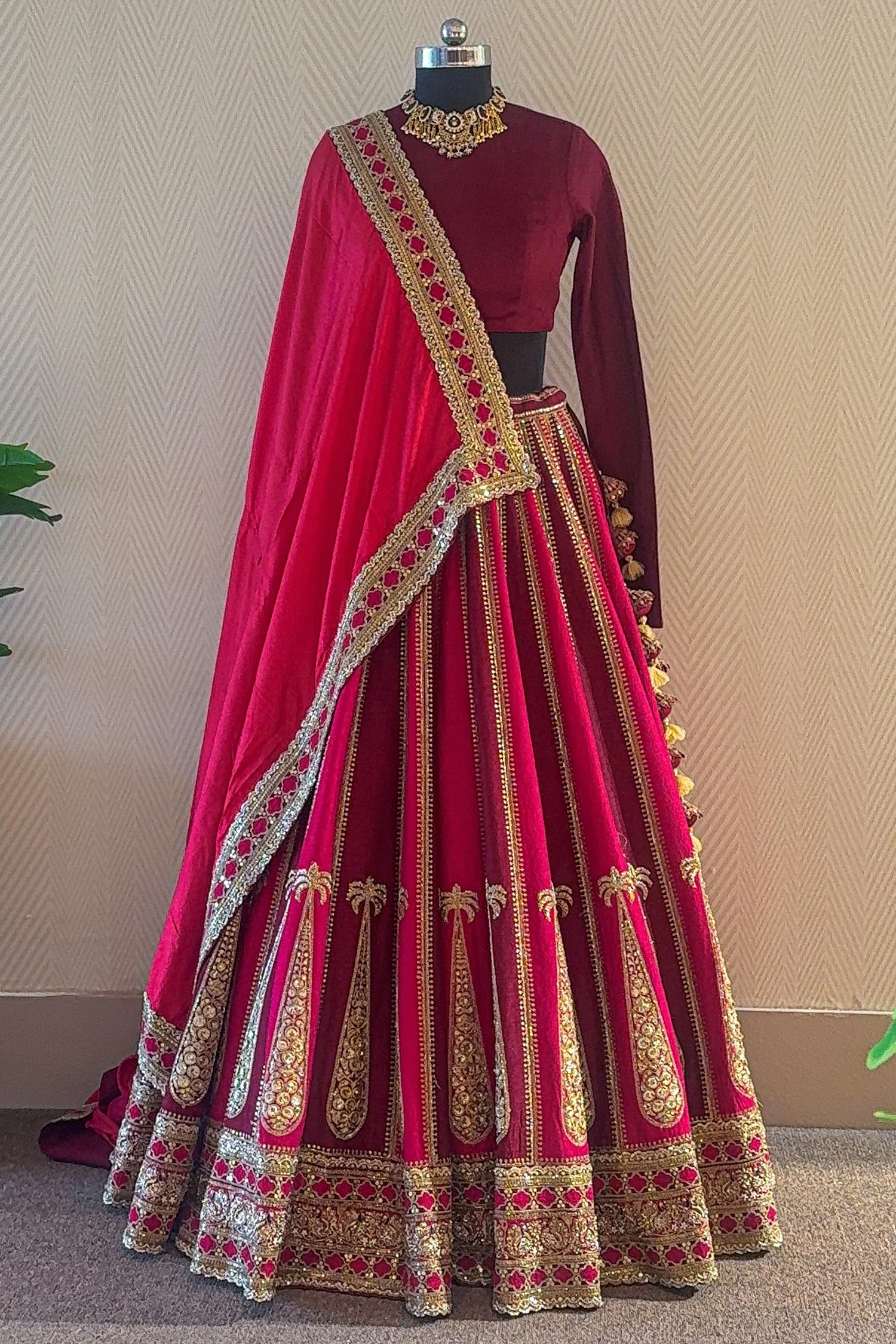 Maroon Matka Silk Designer Boat Neck Bridal Lehenga - Image 3