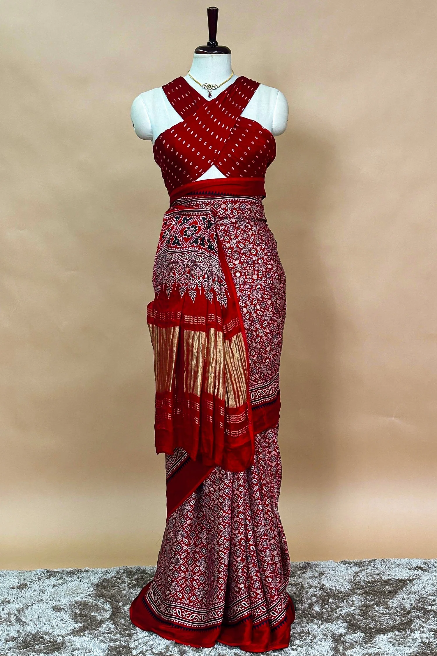 Maroon Modal Silk Ajrakh Printed Saree - Image 2