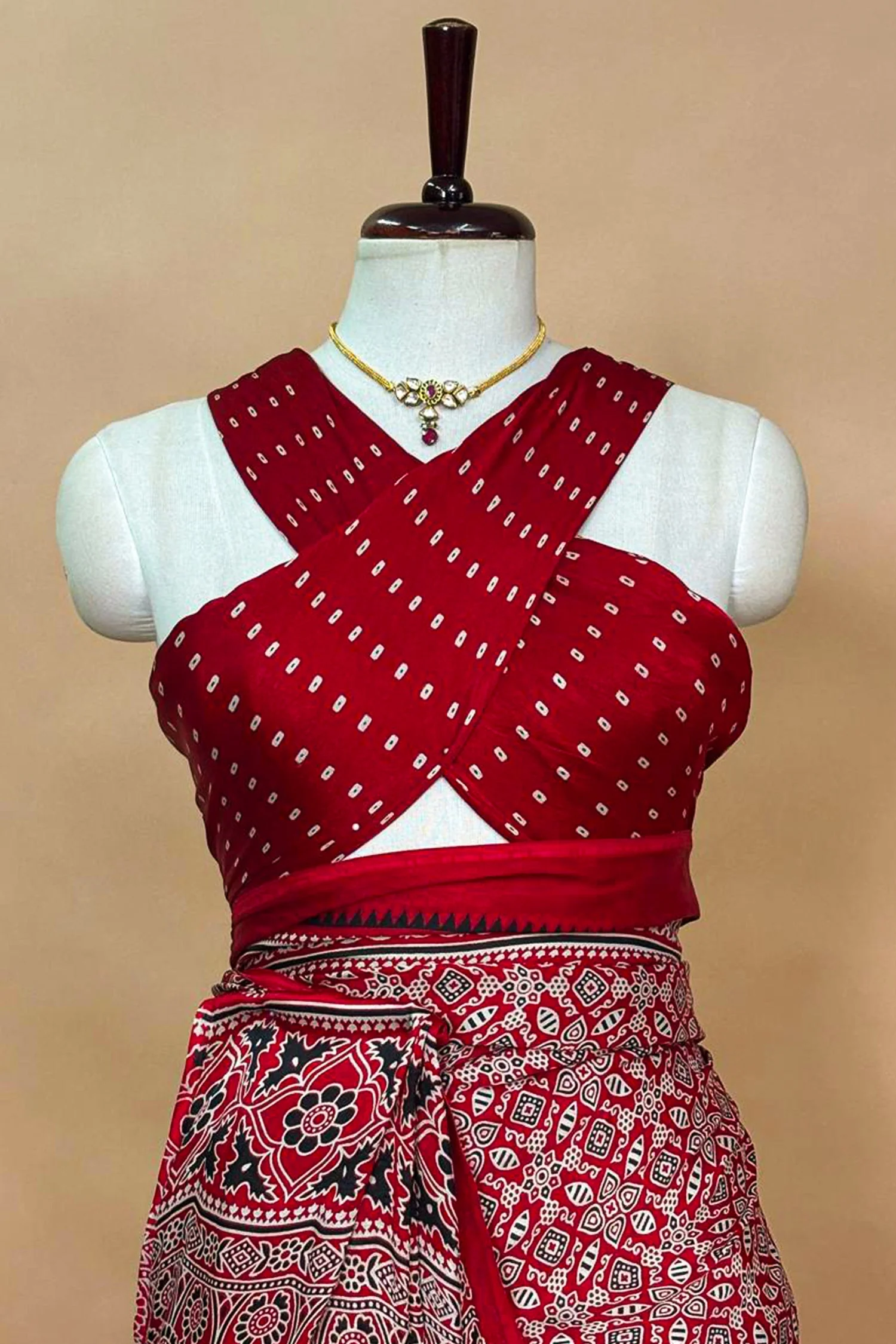 Maroon Modal Silk Ajrakh Printed Saree - Image 3