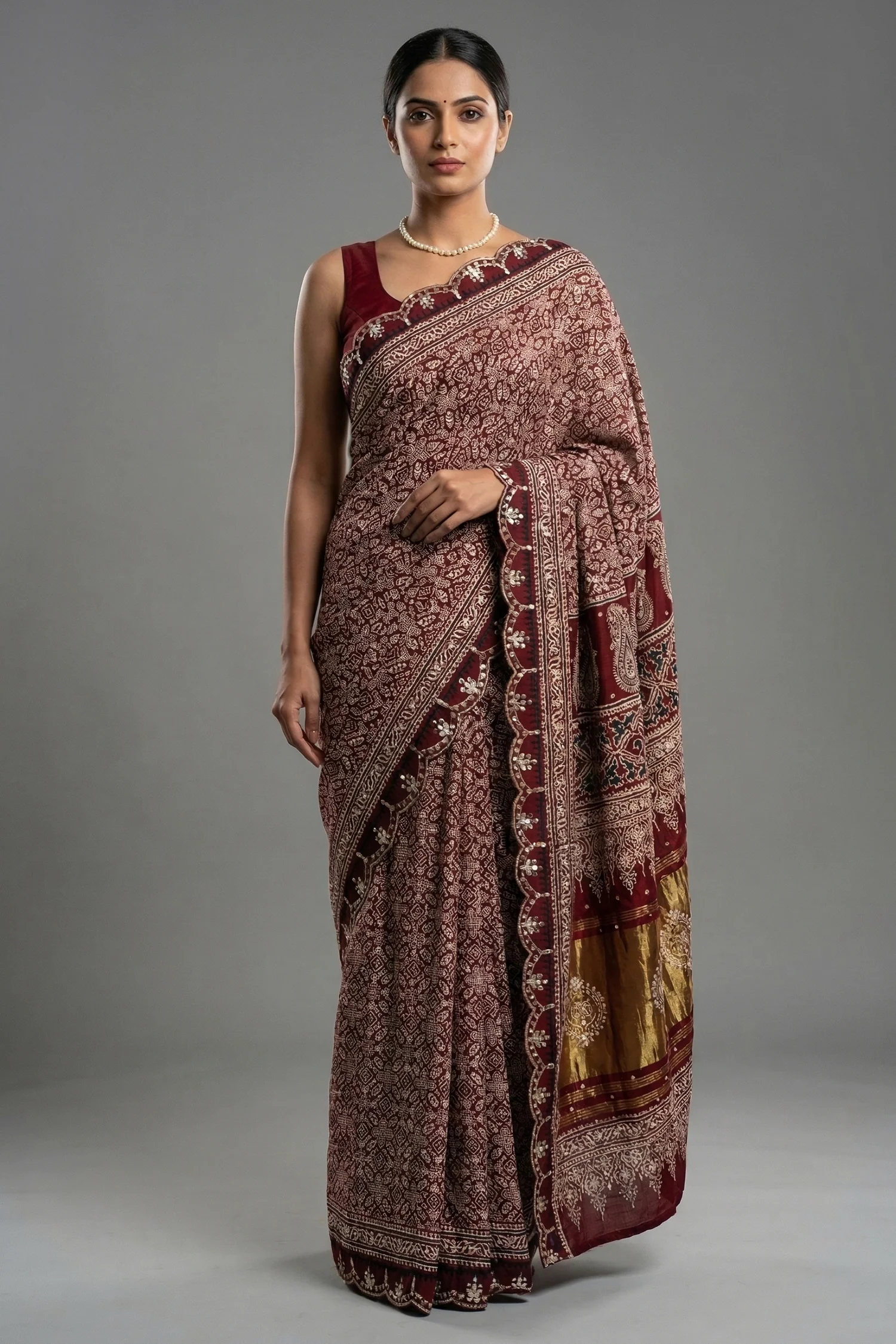 Maroon Modal Silk Ajrakh Printed Saree with Applique and Gota Work