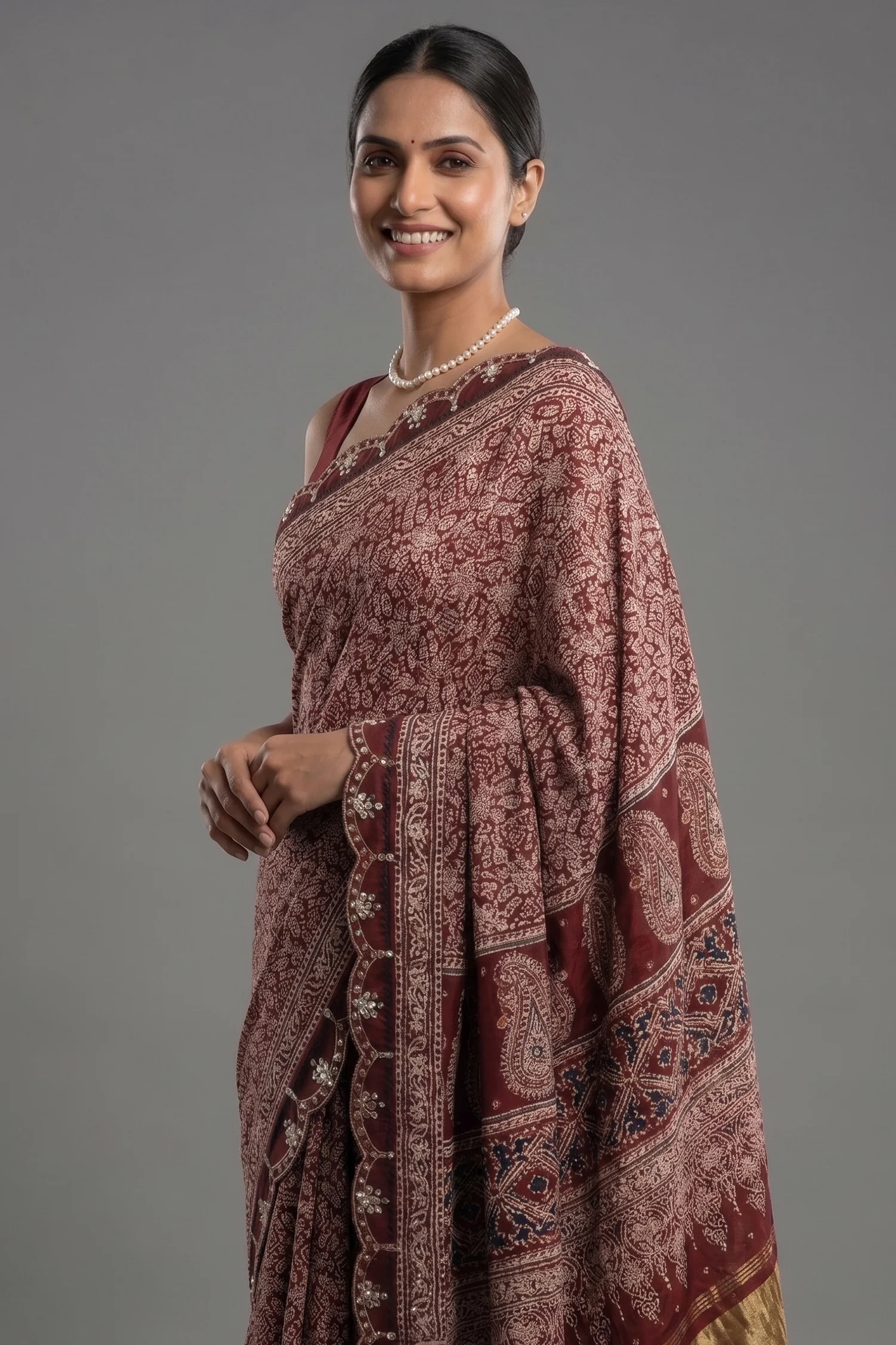Maroon Modal Silk Ajrakh Printed Saree with Applique and Gota Work - Image 2
