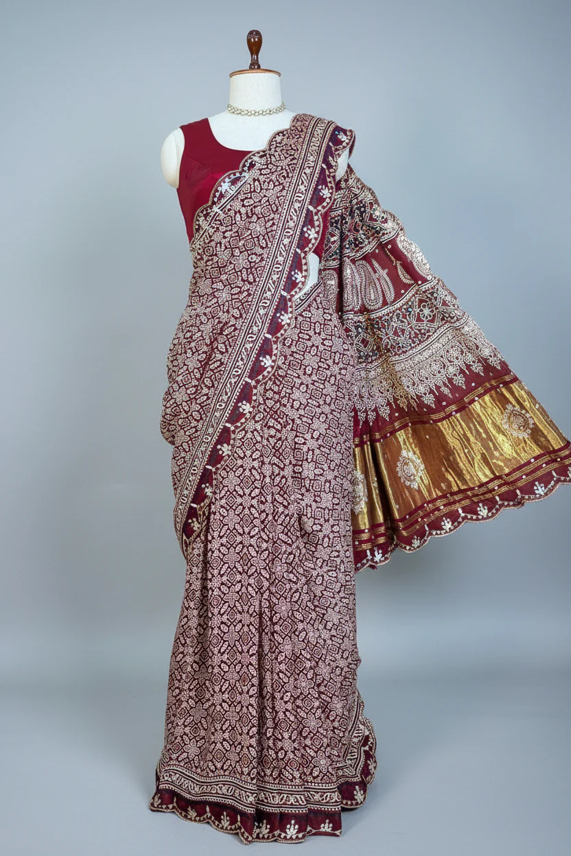 Maroon Modal Silk Ajrakh Printed Saree with Applique and Gota Work - Image 3