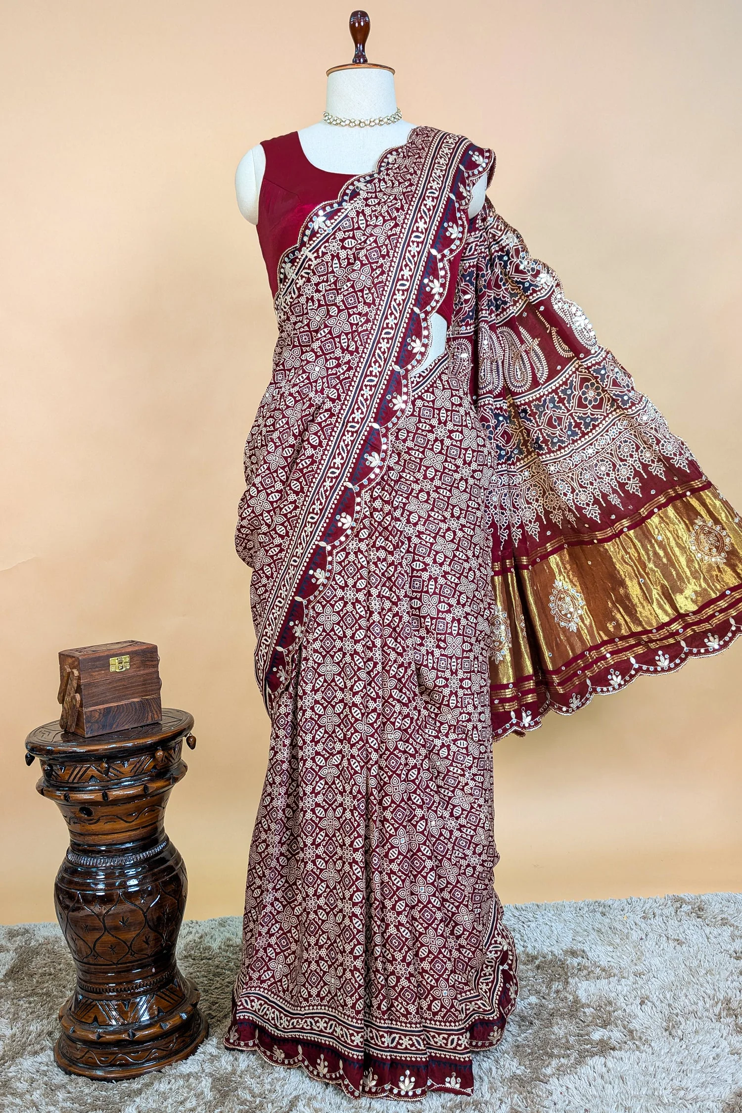 Maroon Modal Silk Ajrakh Printed Saree with Applique and Gota Work - Image 4