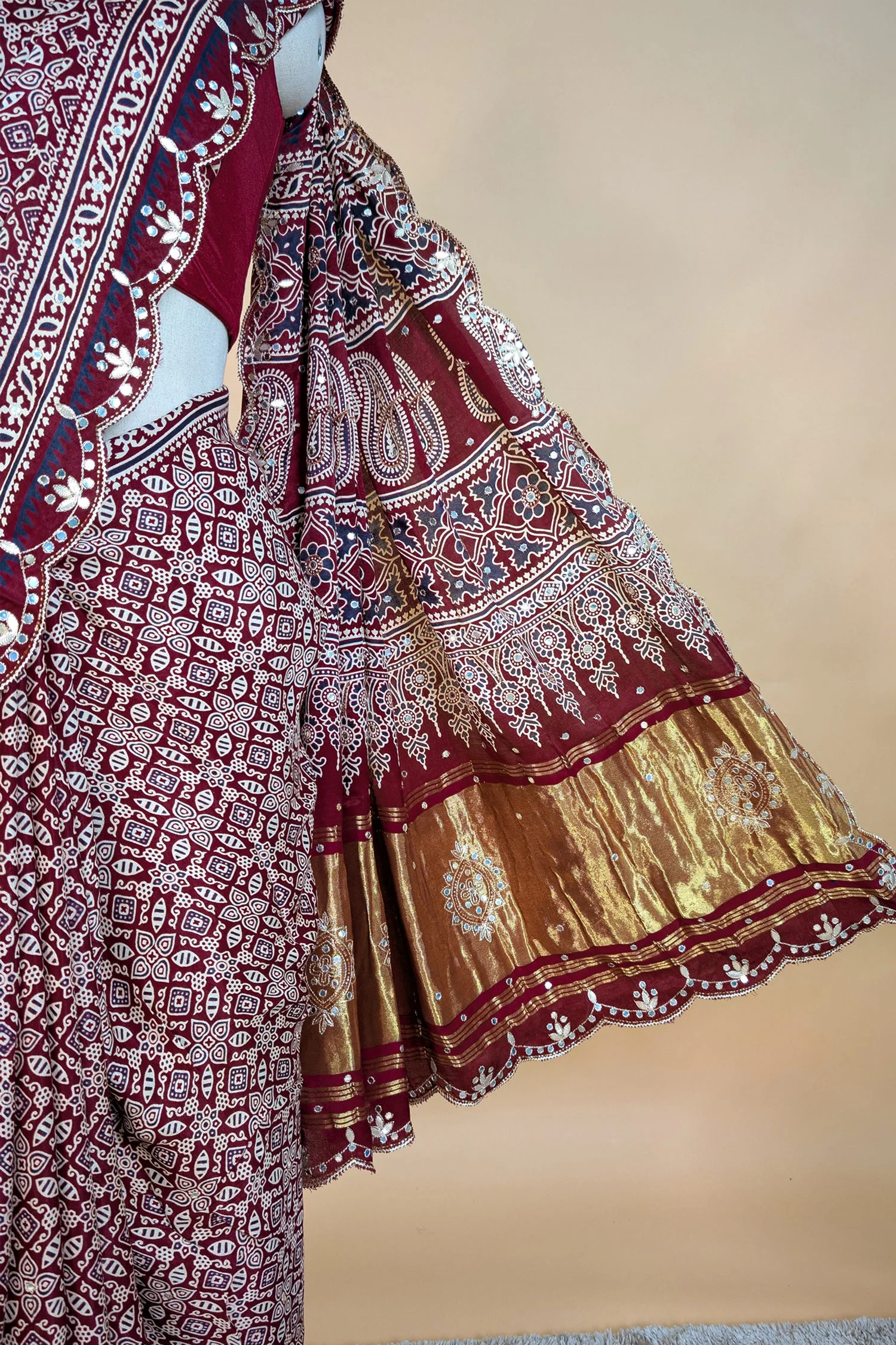 Maroon Modal Silk Ajrakh Printed Saree with Applique and Gota Work - Image 5