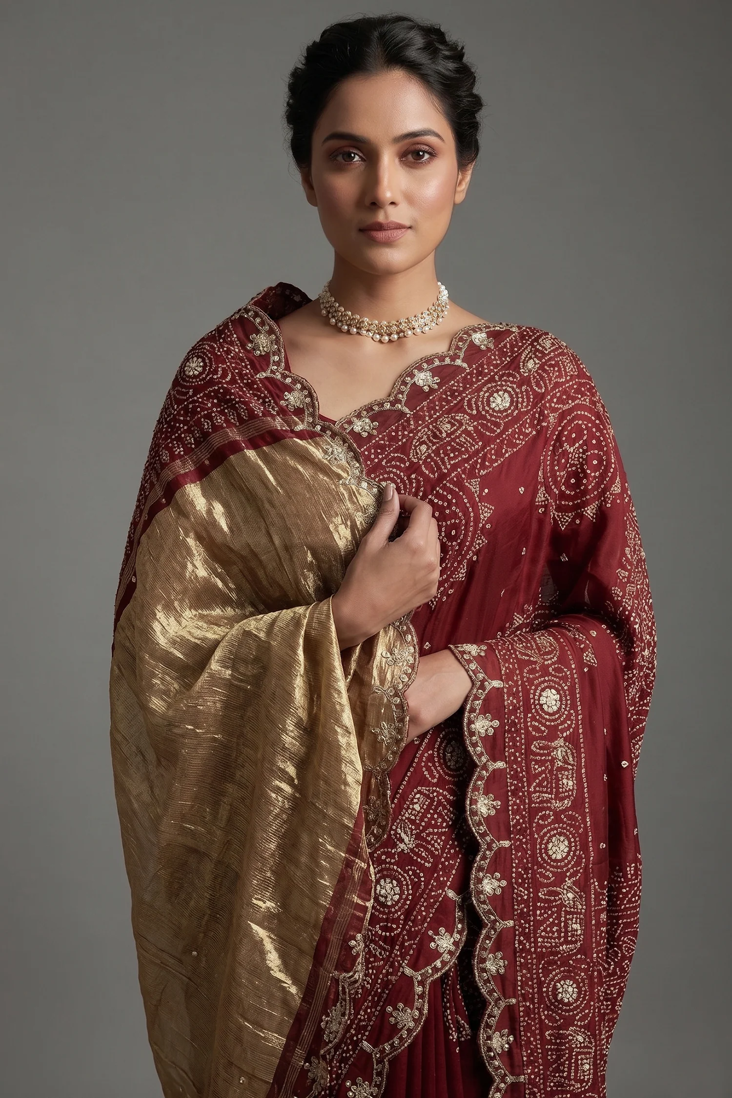 Maroon Modal Silk Ajrakh Printed Saree with Applique and Gota Work - Image 2