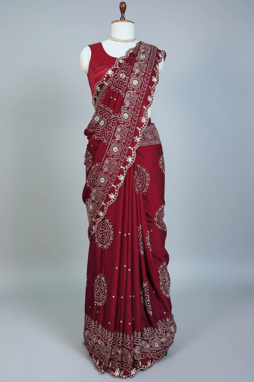 Maroon Modal Silk Ajrakh Printed Saree with Applique and Gota Work - Image 3