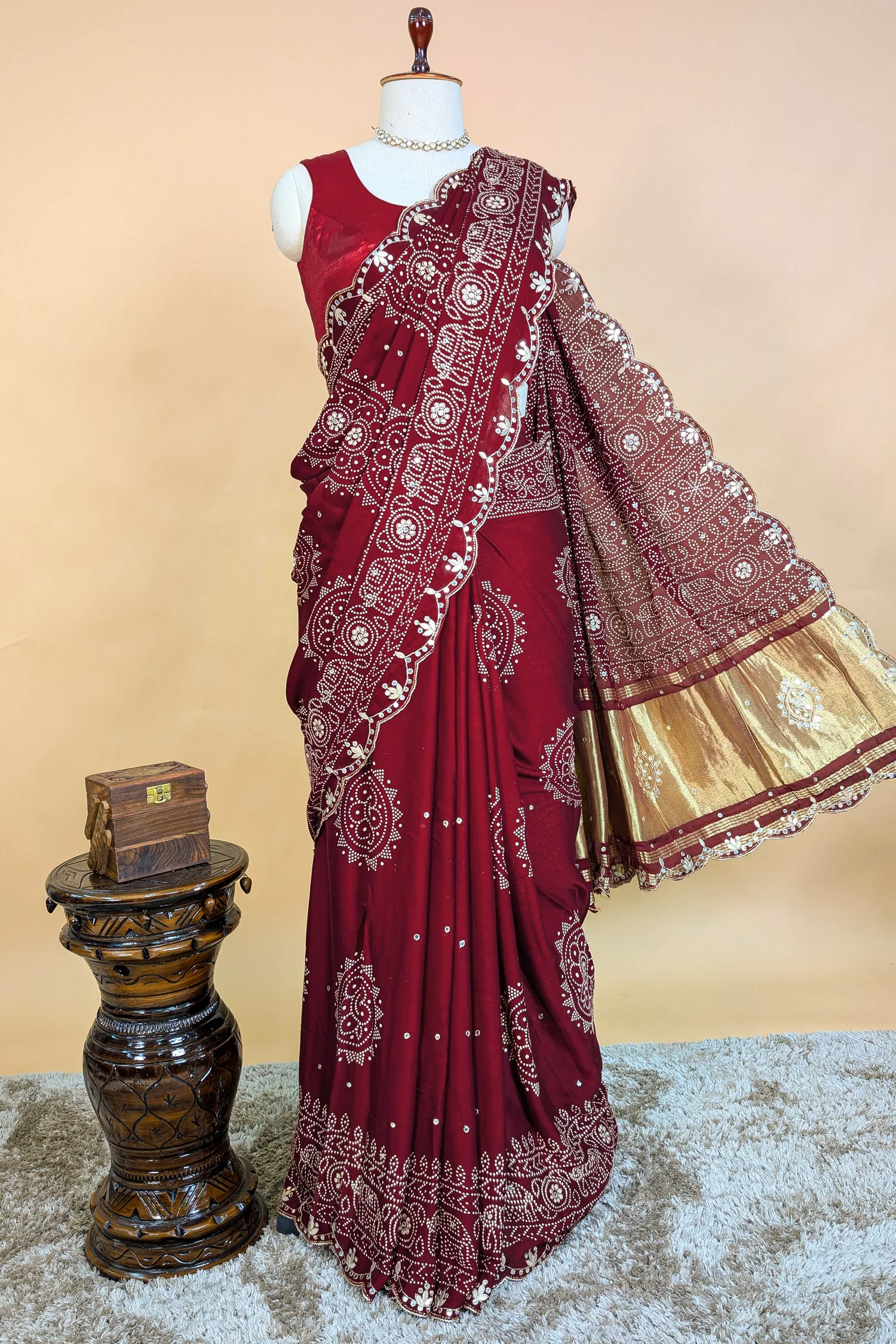 Maroon Modal Silk Ajrakh Printed Saree with Applique and Gota Work - Image 4