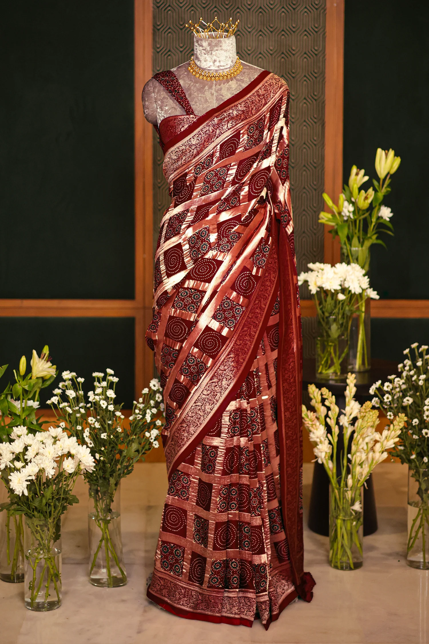 Red Modal Silk Checks Ajrakh Printed Saree - Image 2