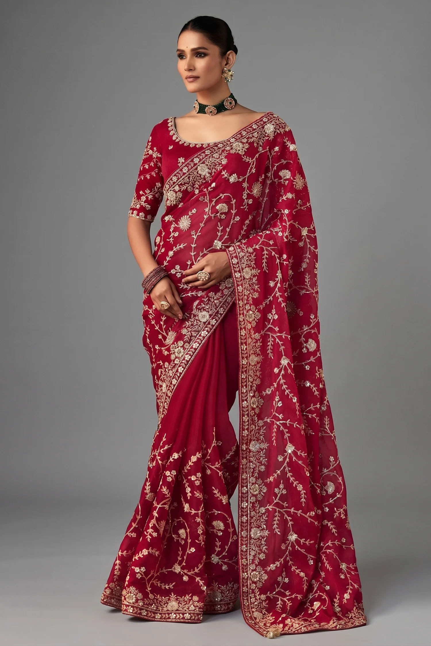 Maroon Organza Saree with Sequin Embroidery Work