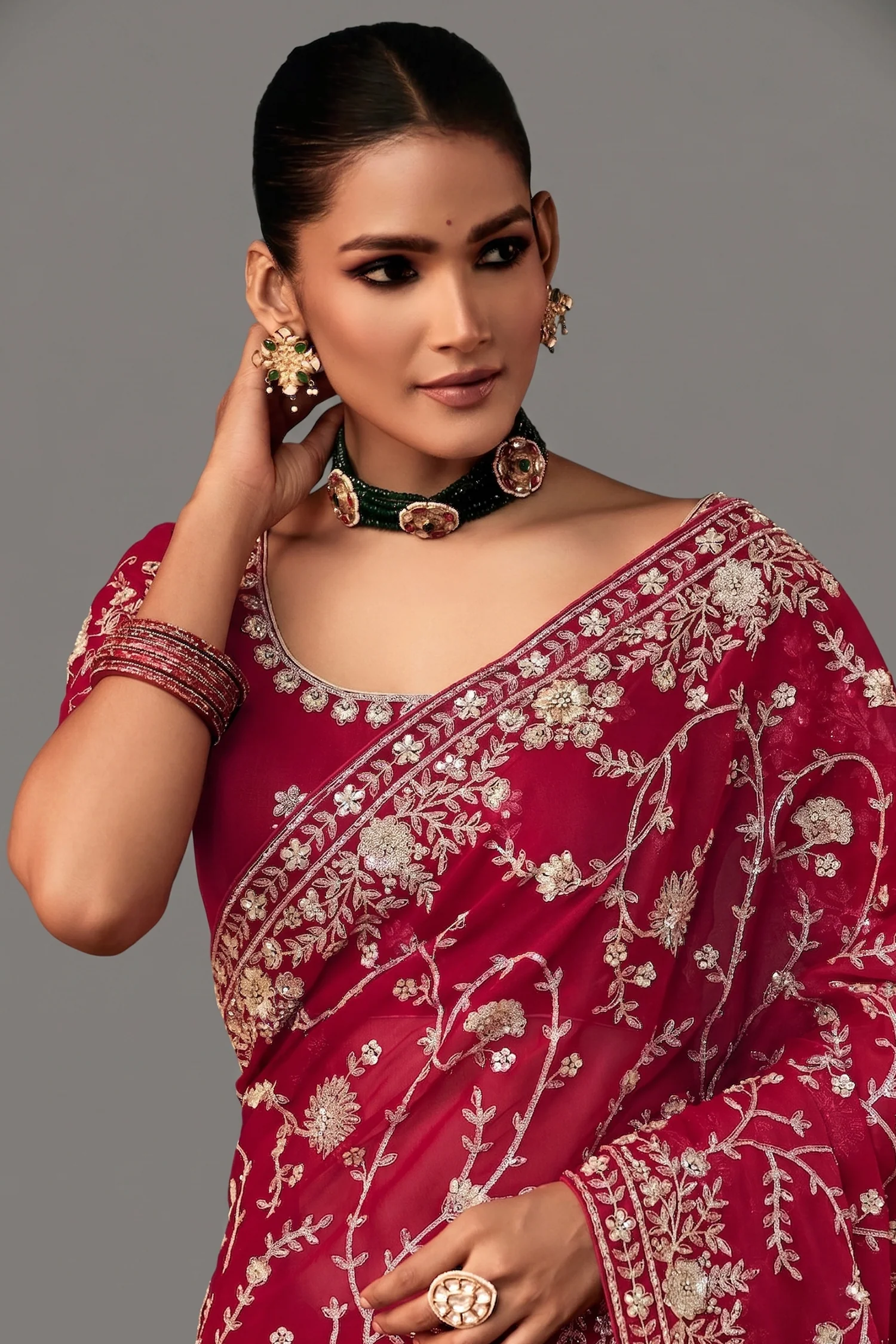 Maroon Organza Saree with Sequin Embroidery Work - Image 2