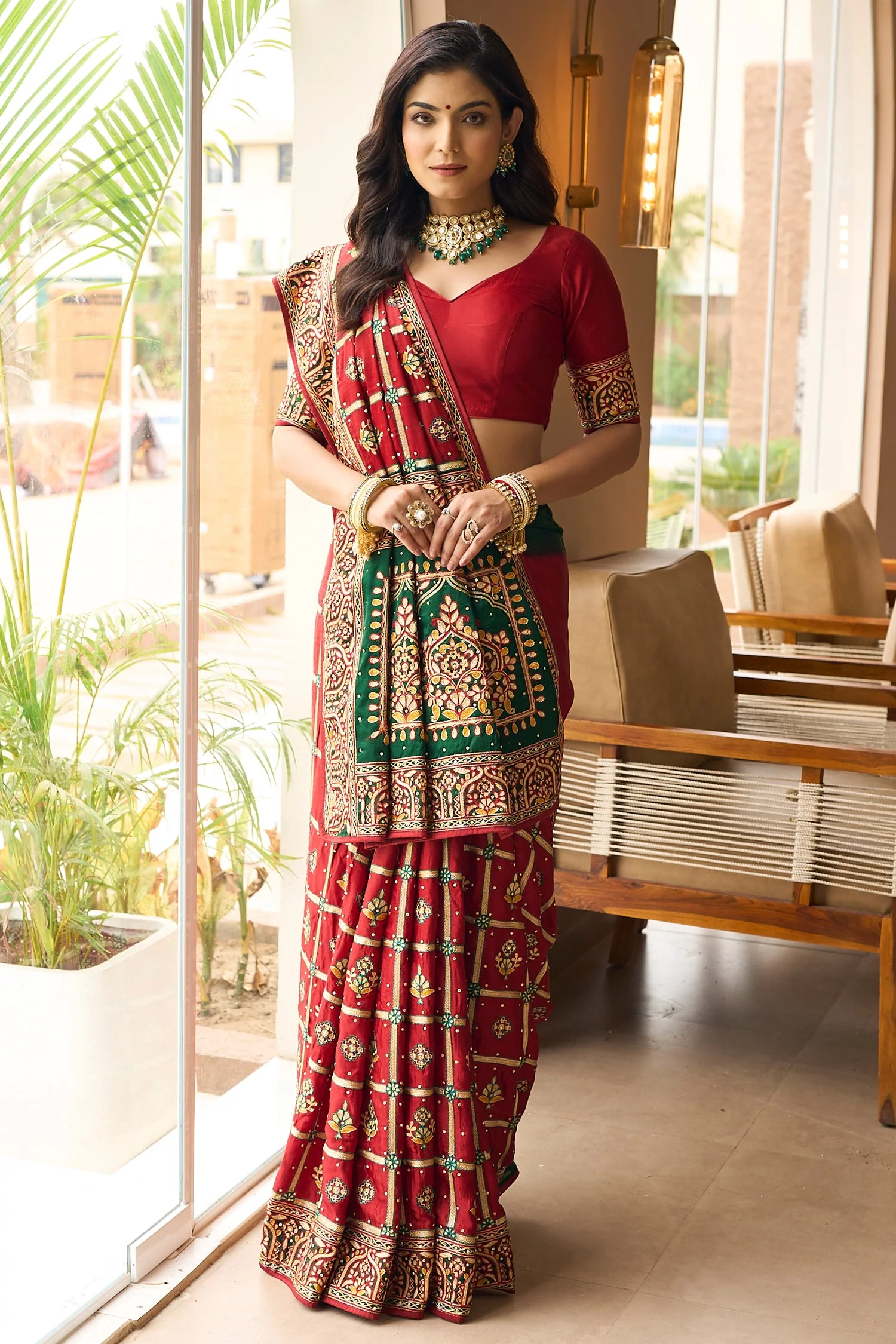 Maroon Semi Silk Checks Embroidered Traditional Gharchola Saree - Image 2