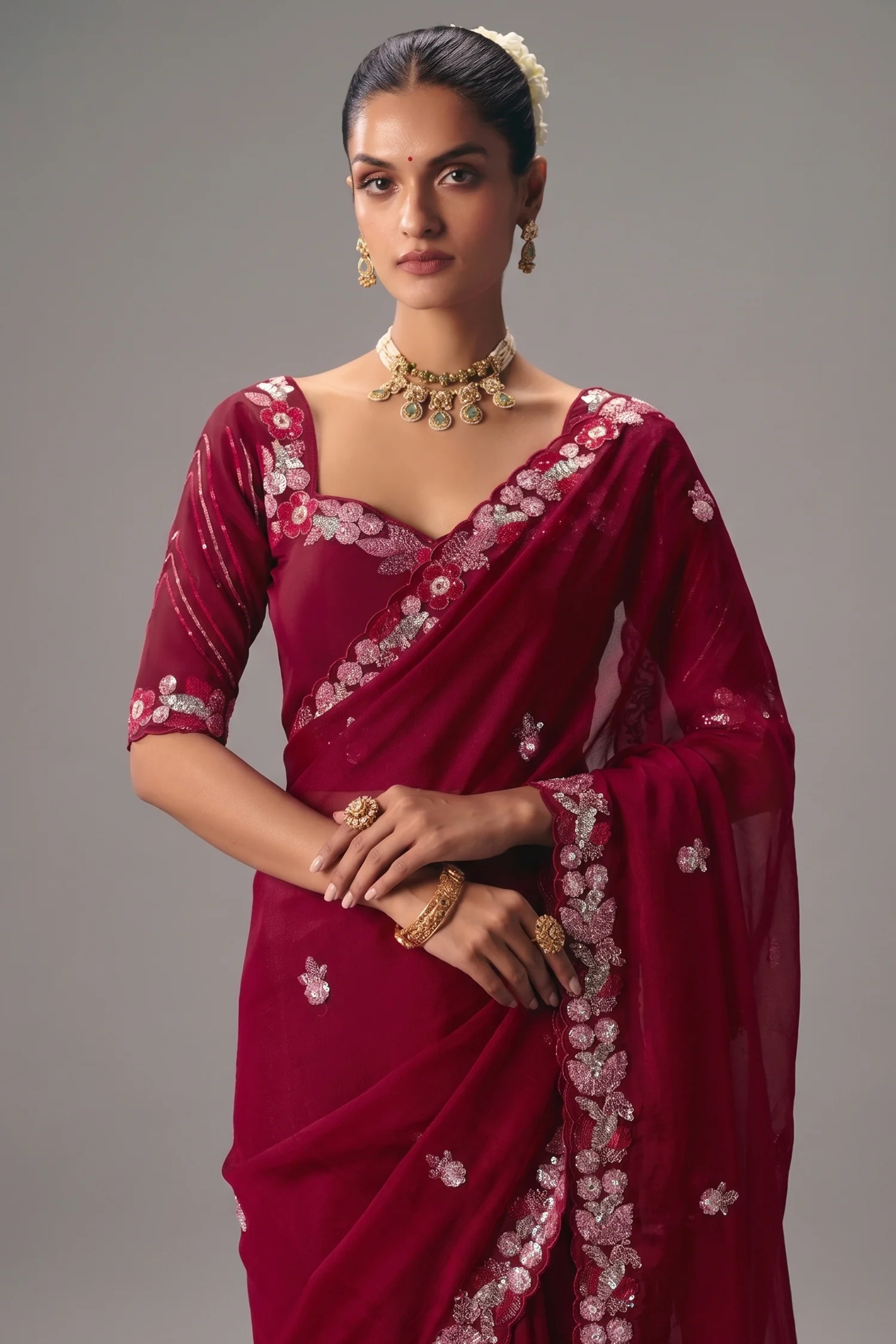 Maroon Viscose Chiffon Saree With Rich Floral Embroidery And Sequin Work - Image 2
