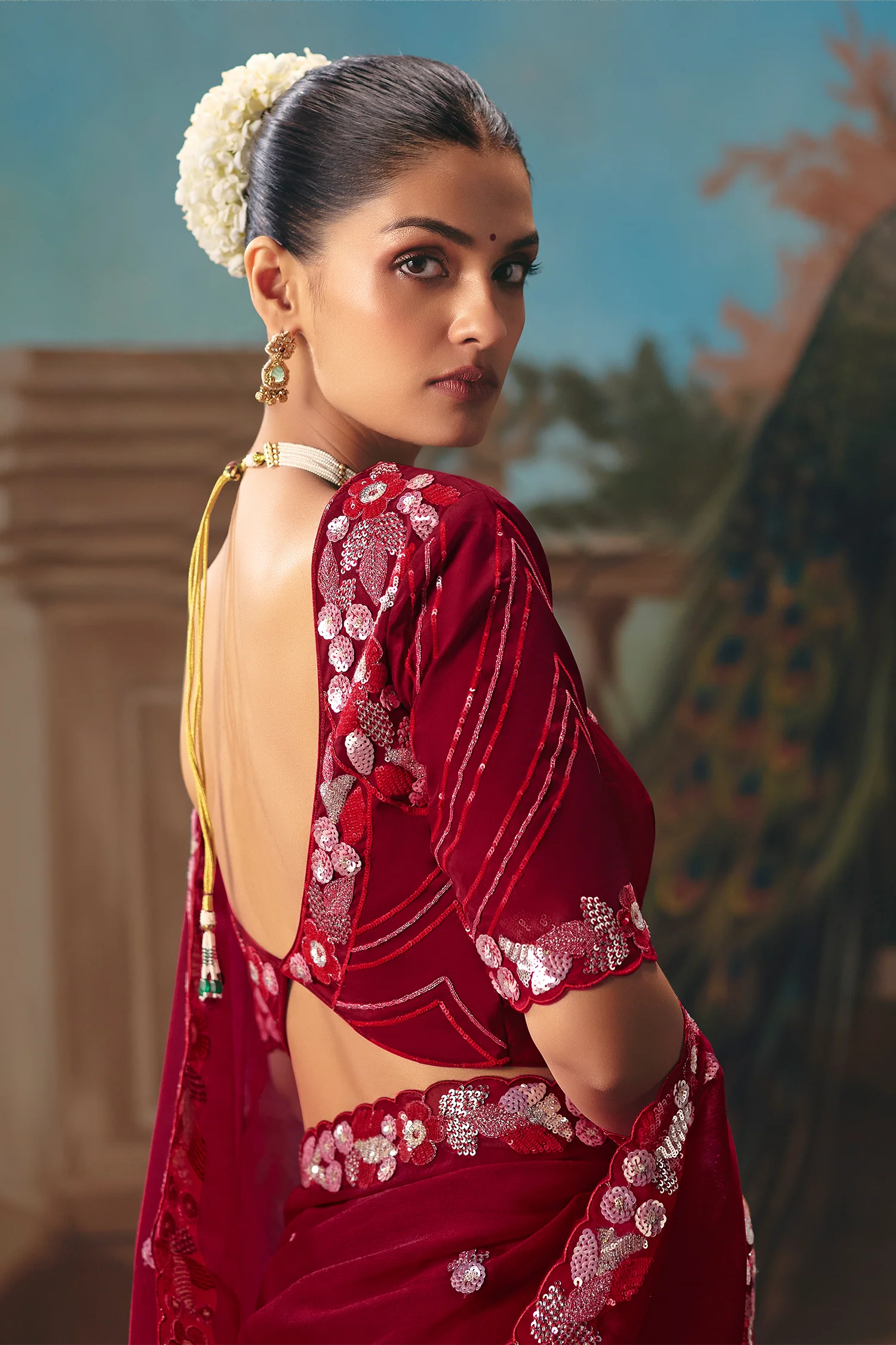 Maroon Viscose Chiffon Saree With Rich Floral Embroidery And Sequin Work - Image 6