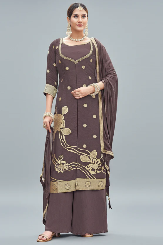 Mauve Art Silk Floral Woven Straight Cut Suit
