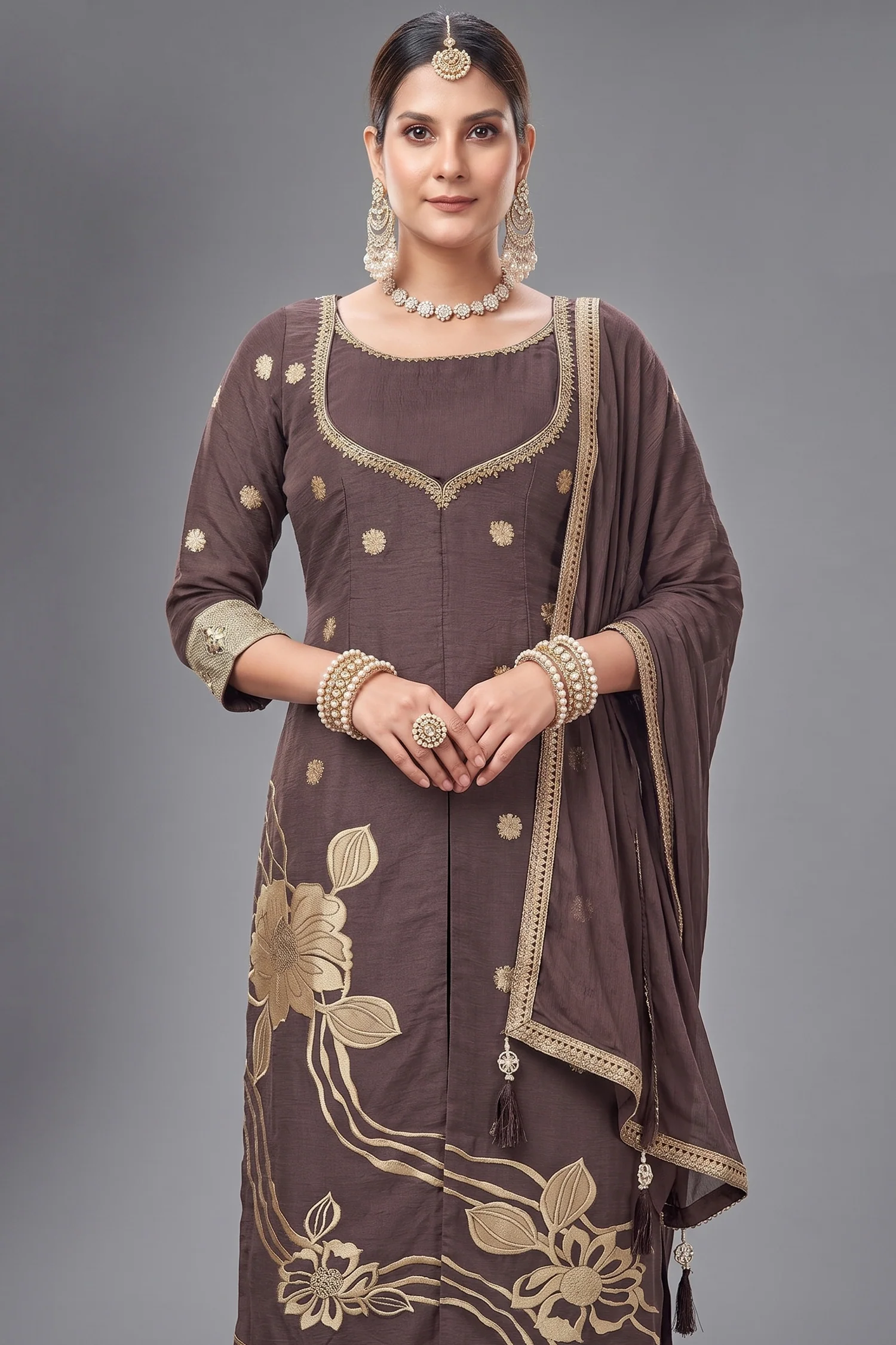 Mauve Art Silk Floral Woven Straight Cut Suit - Image 2