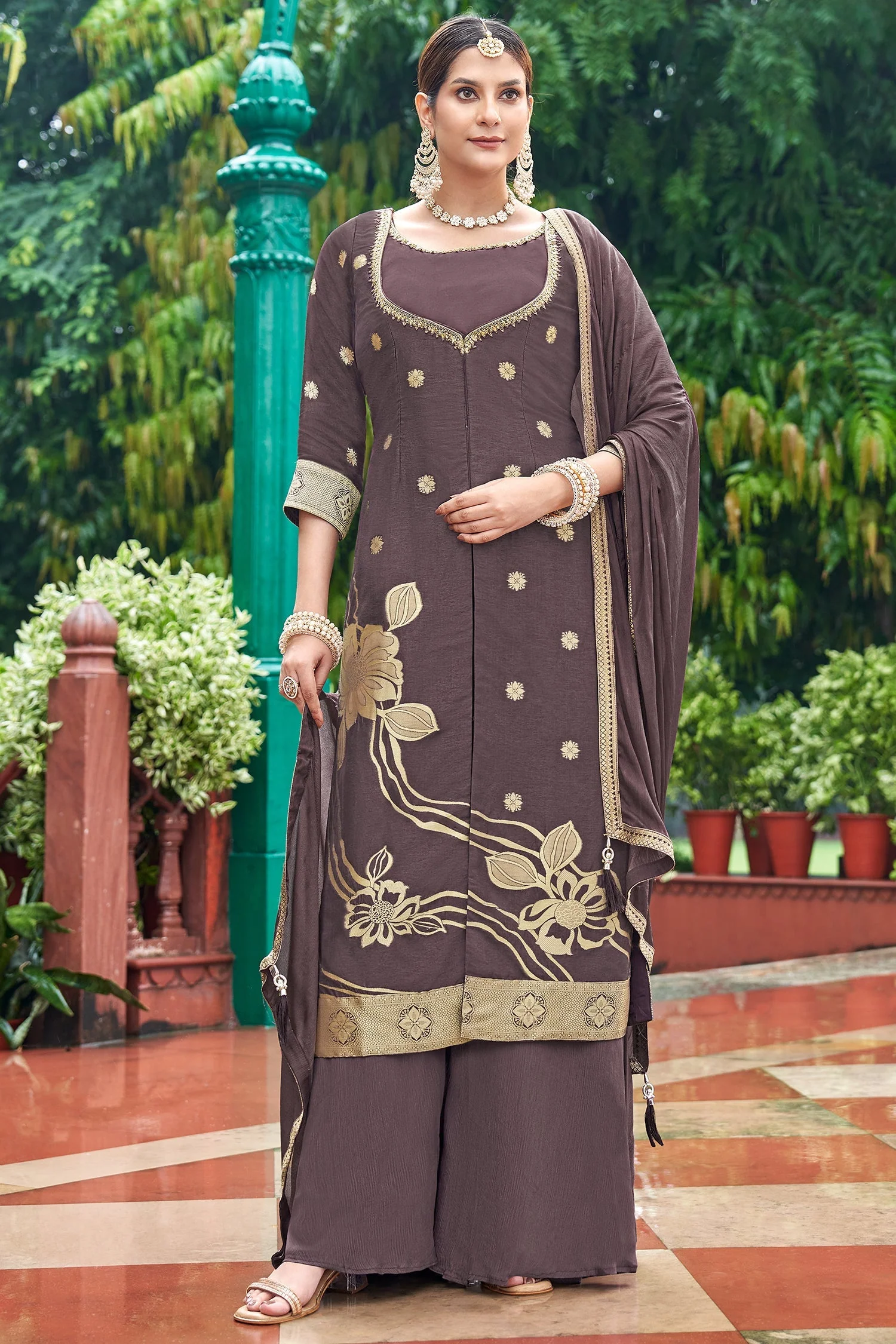 Mauve Art Silk Floral Woven Straight Cut Suit - Image 3