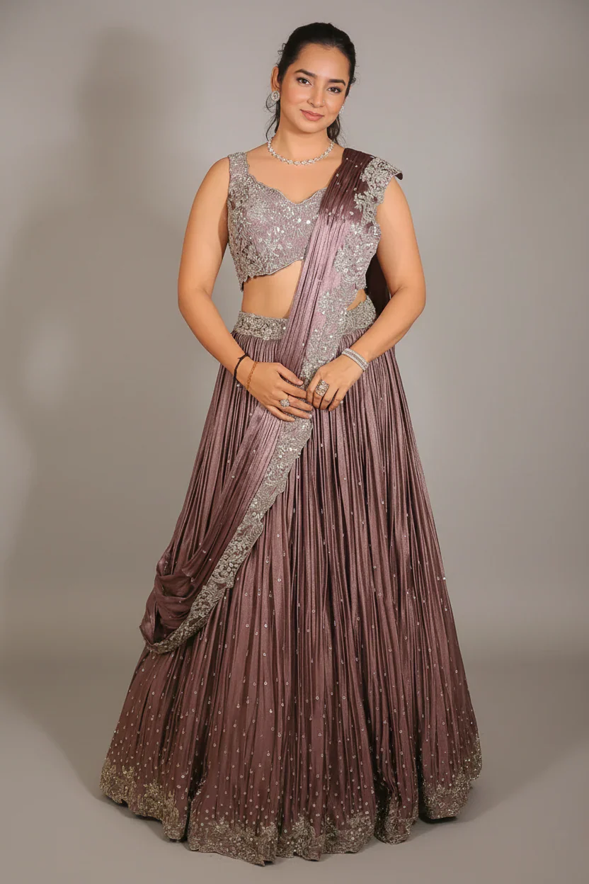 Mauve Chinon Silk Cutdana Sequin Work Lehenga with Attached Dupatta - Image 3