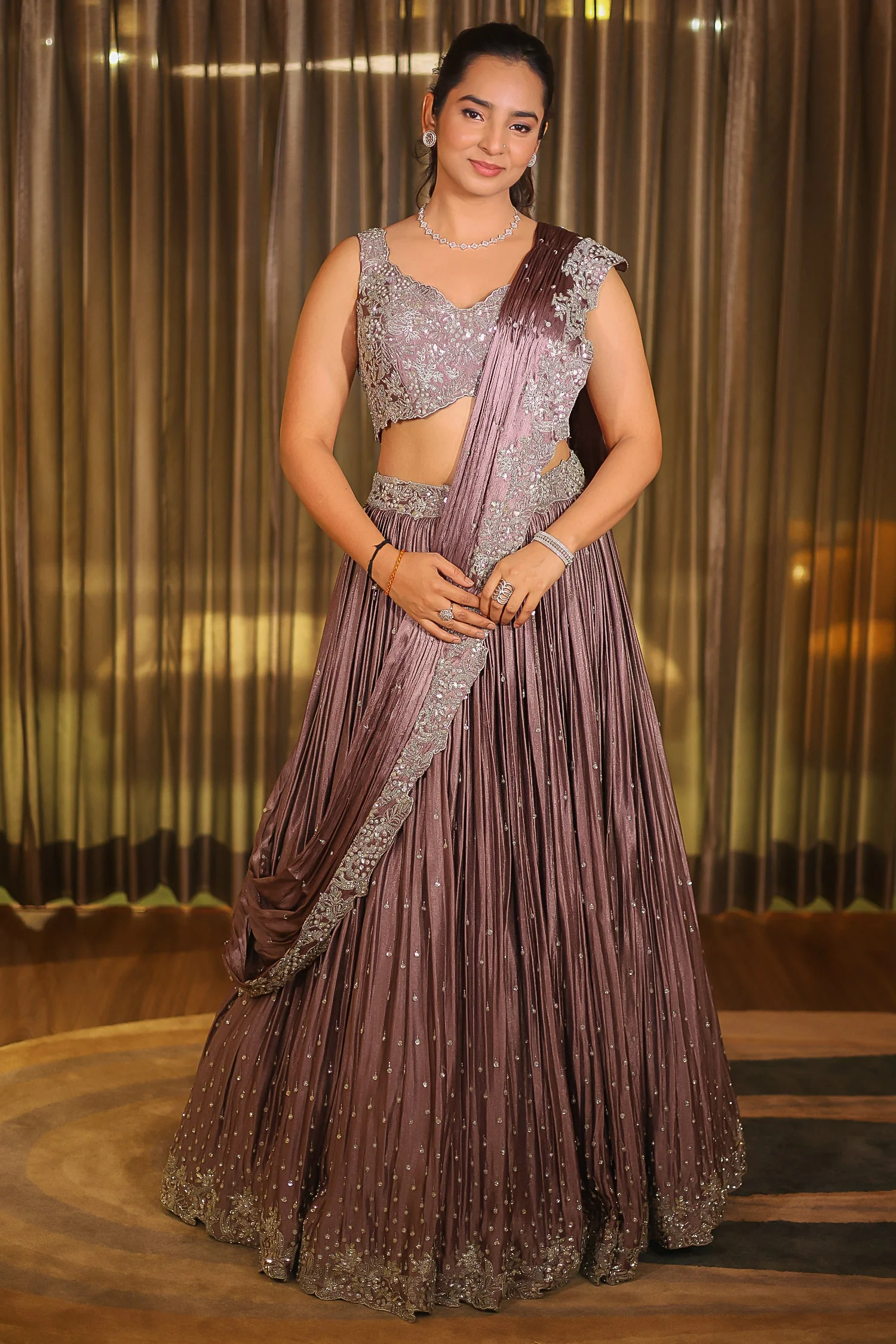 Mauve Chinon Silk Cutdana Sequin Work Lehenga with Attached Dupatta - Image 4