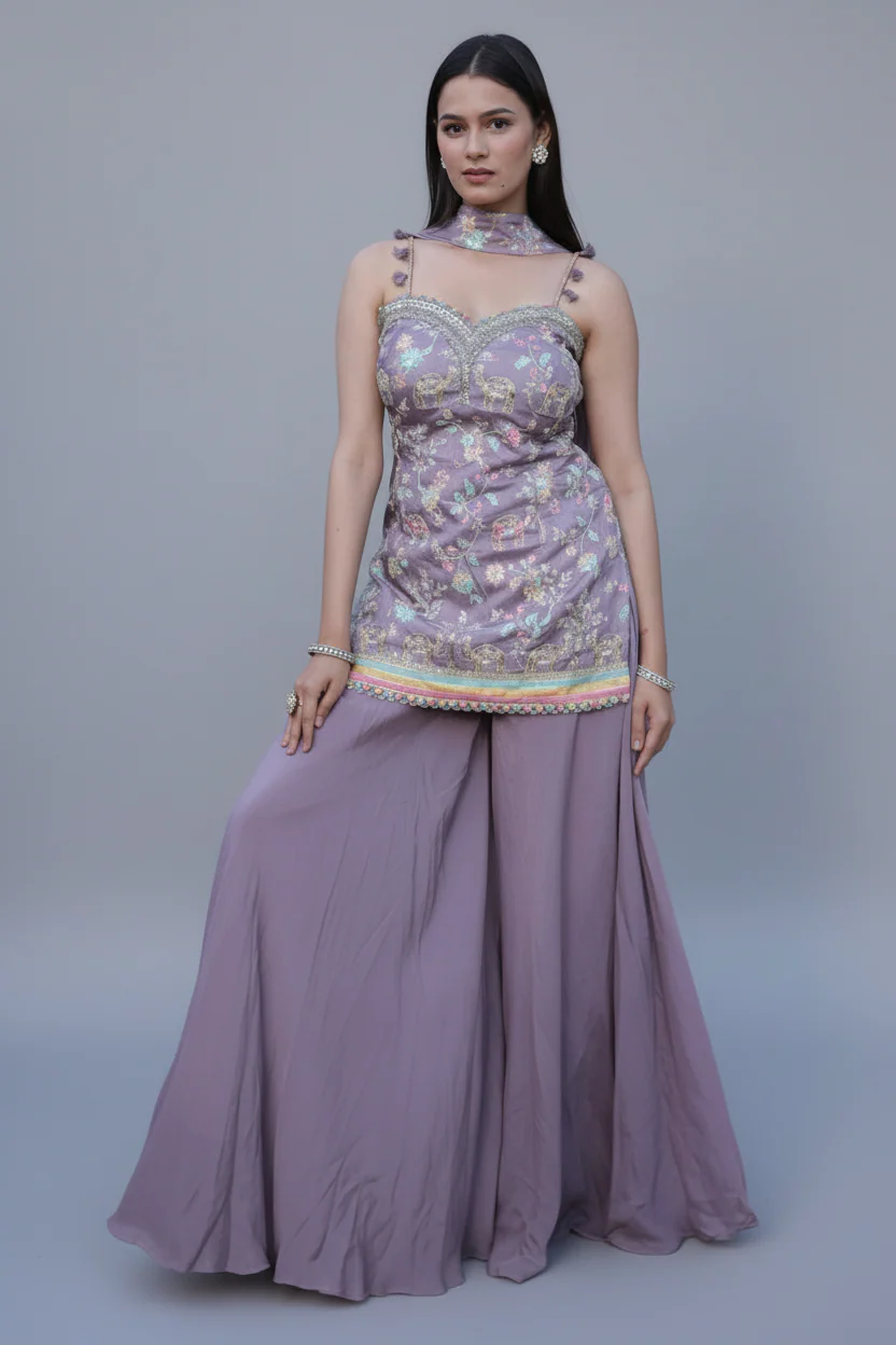 Mauve Chinon Silk Printed Palazzo Suit with Embroidery Work
