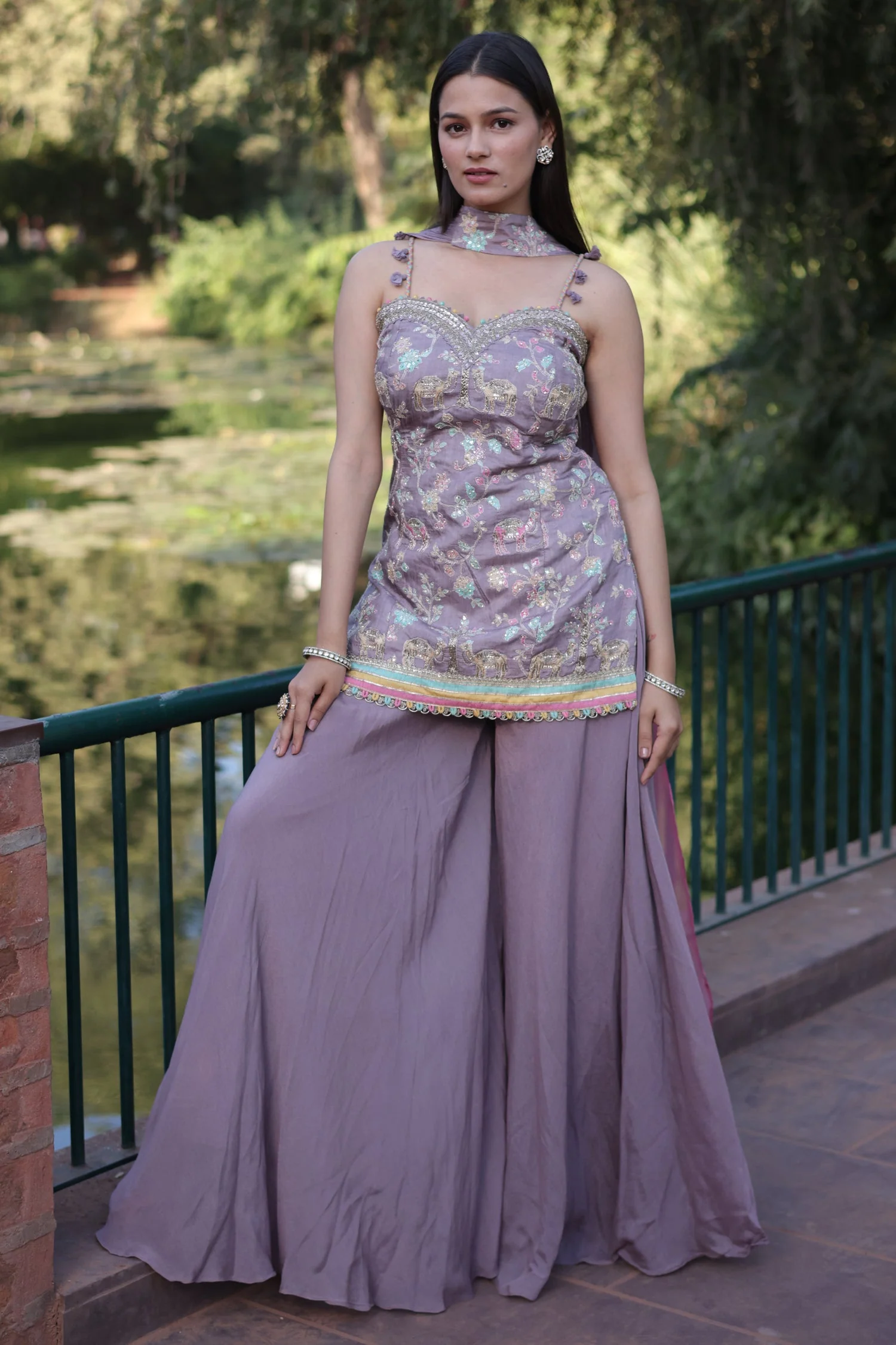 Mauve Chinon Silk Printed Palazzo Suit with Embroidery Work - Image 2
