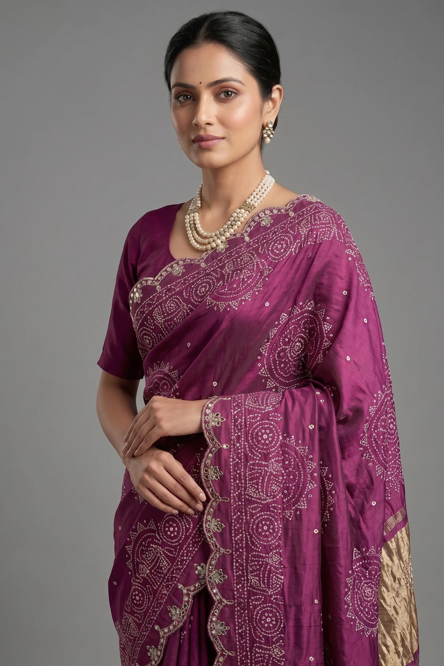 Mauve Modal Silk Ajrakh Printed Saree with Applique and Gota Work - Image 2