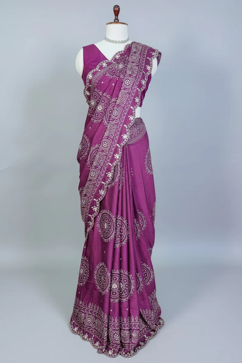 Mauve Modal Silk Ajrakh Printed Saree with Applique and Gota Work - Image 3