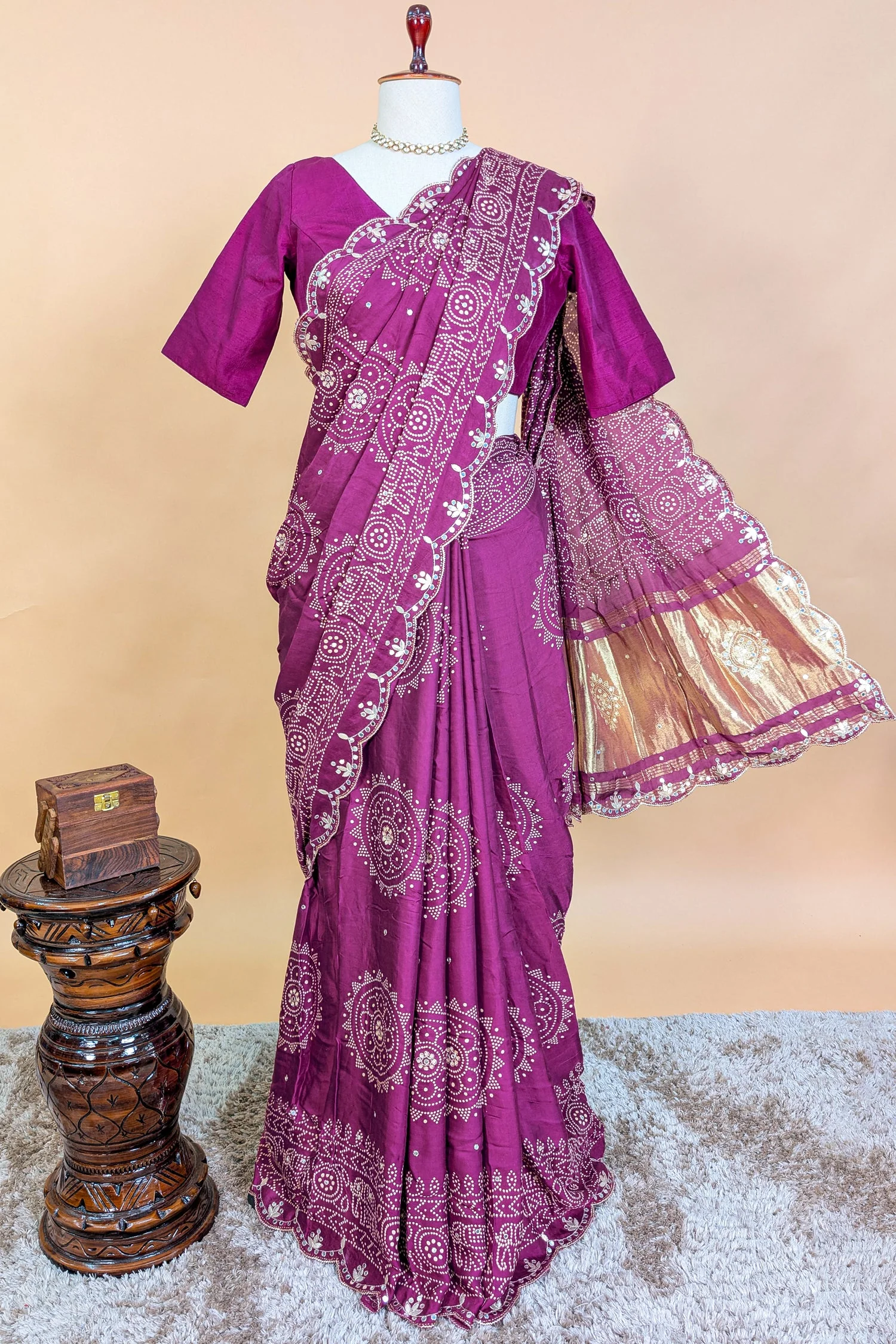 Mauve Modal Silk Ajrakh Printed Saree with Applique and Gota Work - Image 4