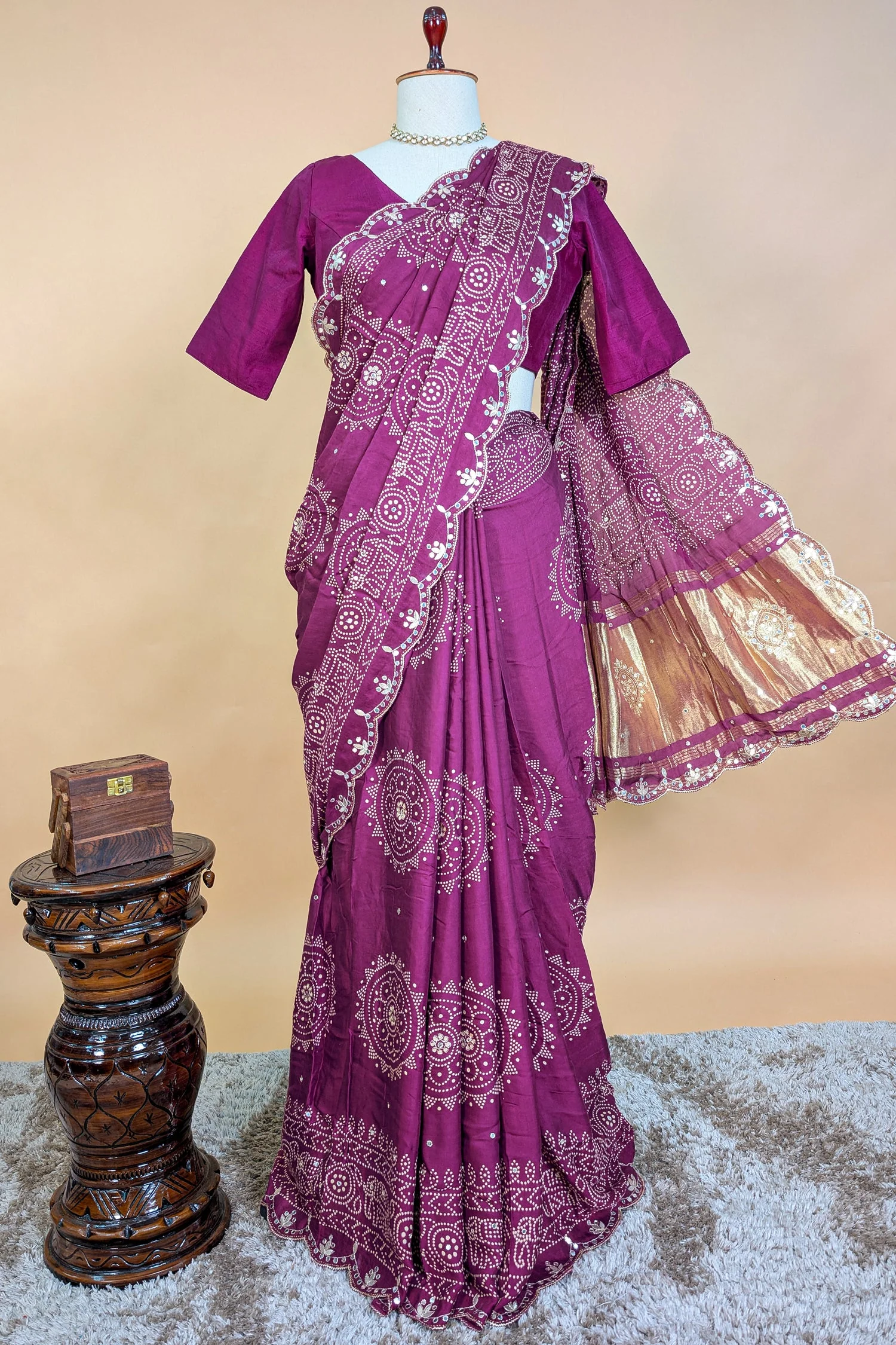 Mauve Modal Silk Ajrakh Printed Saree with Applique and Gota Work - Image 5