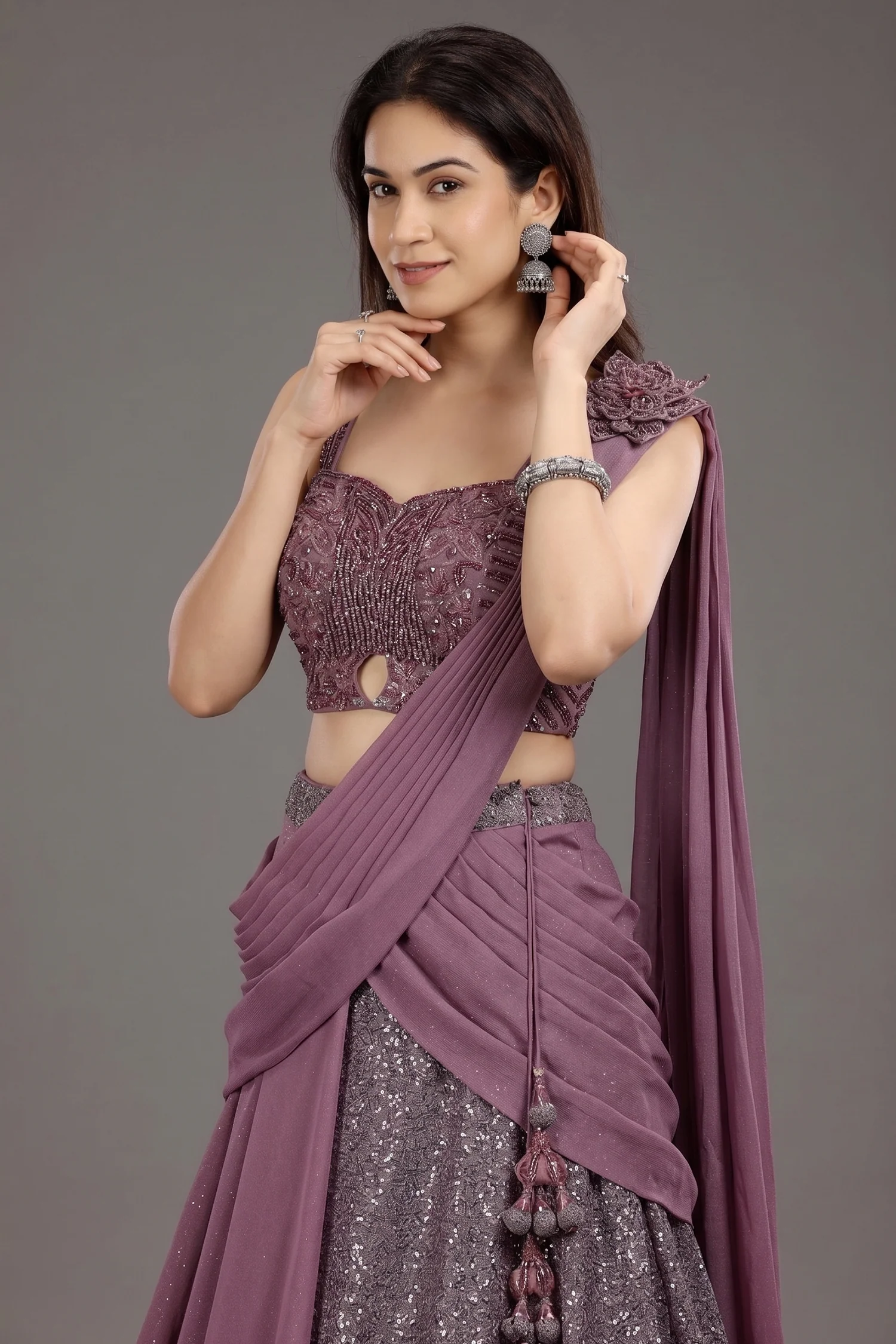 Mauve Net Embellished Sequin Cutdana Worked Lehenga with Attached Dupatta - Image 2
