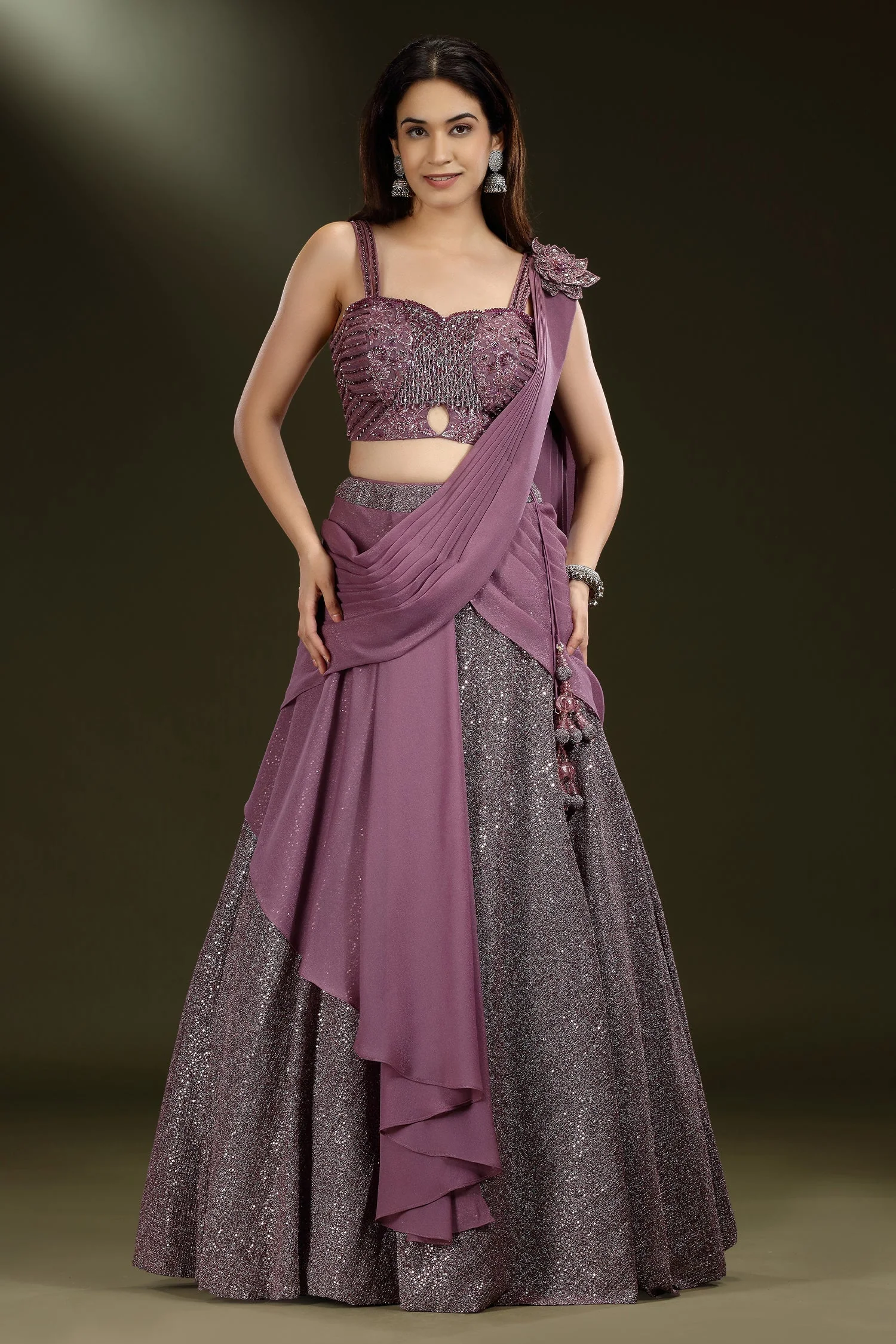 Mauve Net Embellished Sequin Cutdana Worked Lehenga with Attached Dupatta - Image 3