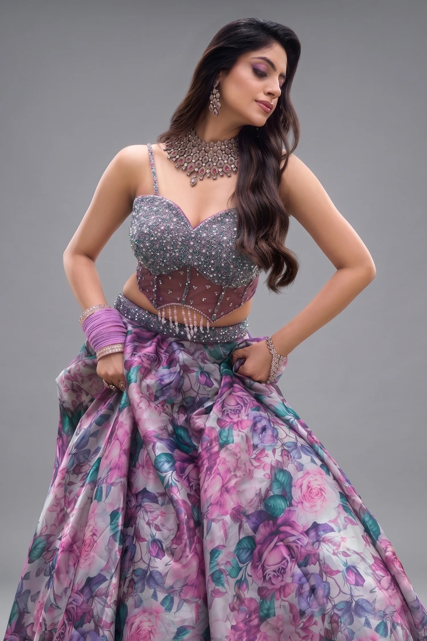 Mauve Organza Silk Floral Print Lehenga with Cutdana Sequin Corset with Cape Jacket - Image 2