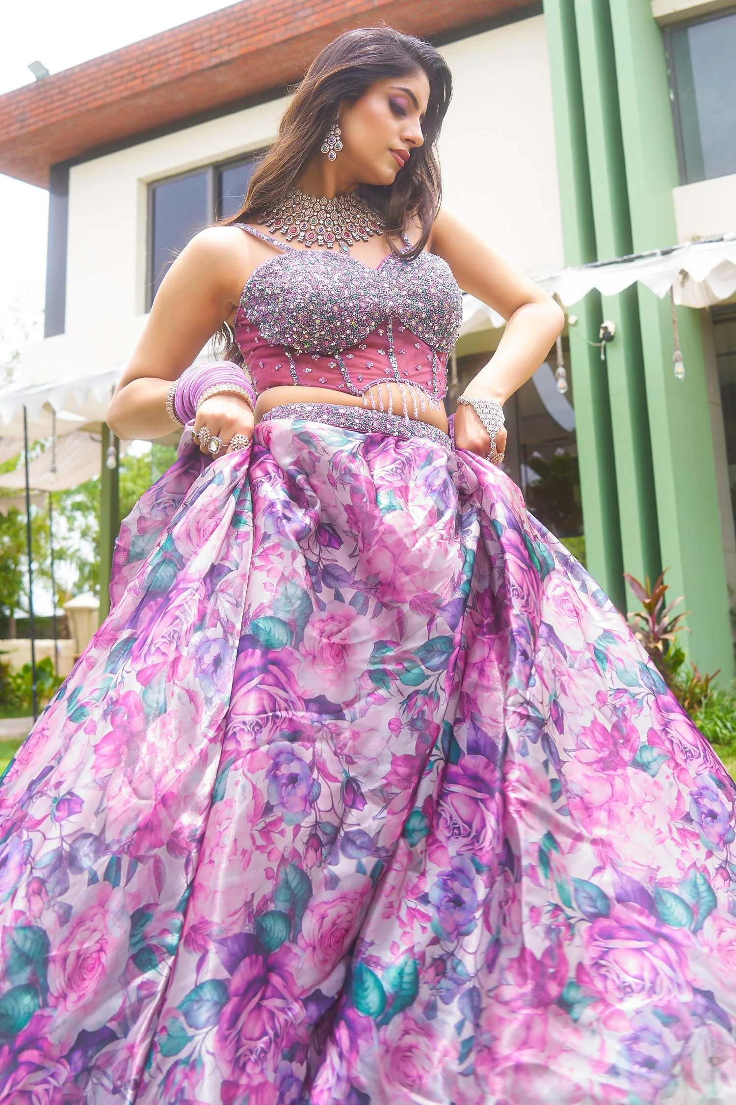 Mauve Organza Silk Floral Print Lehenga with Cutdana Sequin Corset with Cape Jacket - Image 3