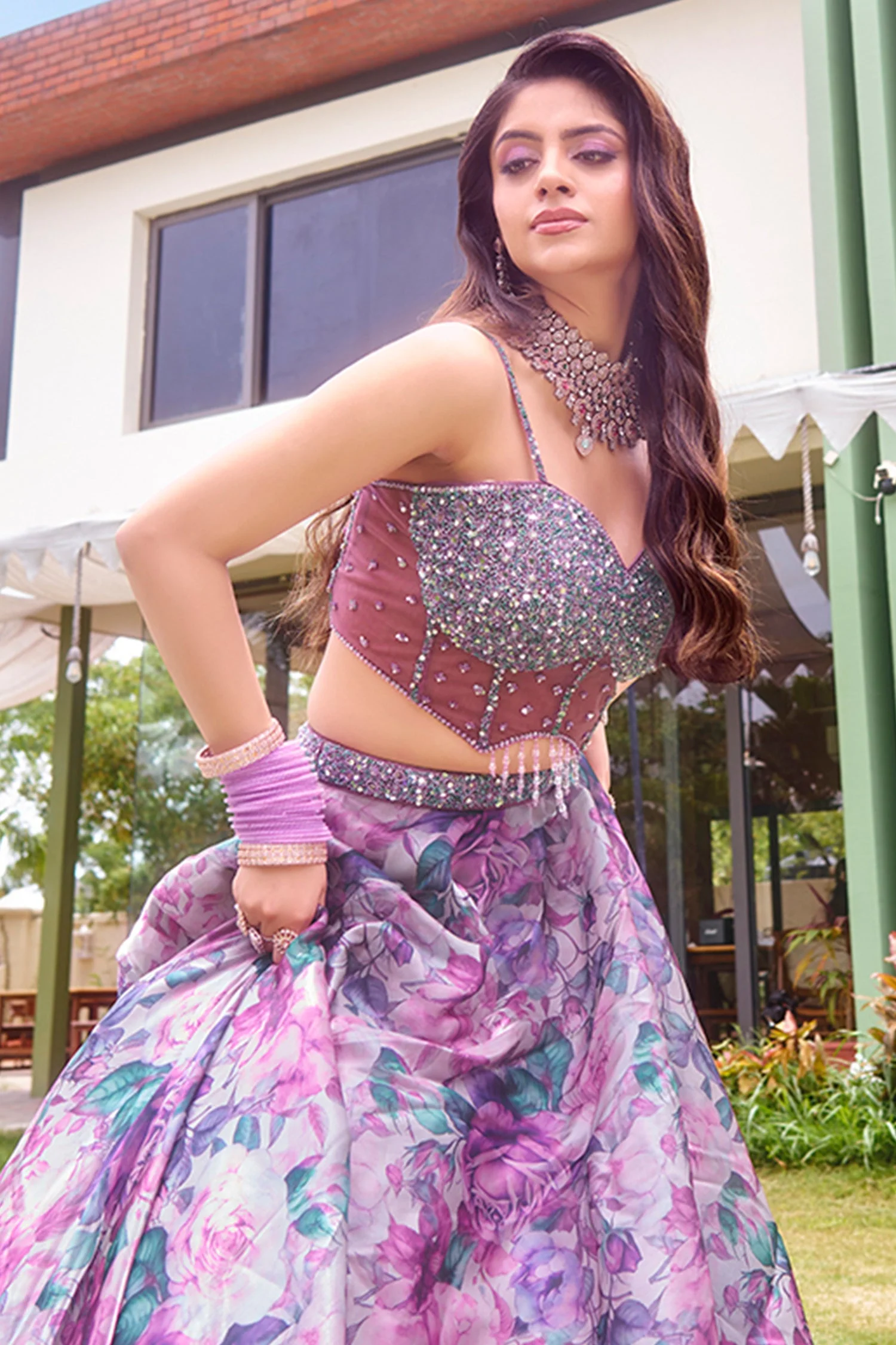 Mauve Organza Silk Floral Print Lehenga with Cutdana Sequin Corset with Cape Jacket - Image 4