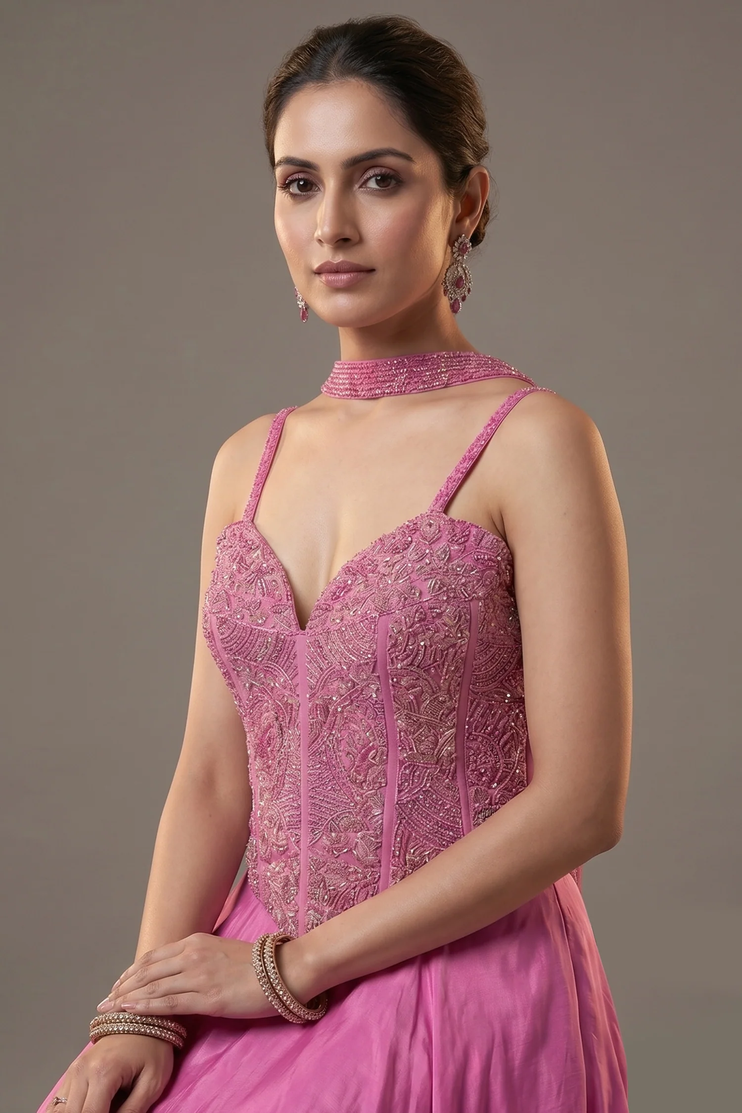 Mauve Pink Net Beaded and Cutdana Worked Corset Palazzo Set - Image 2