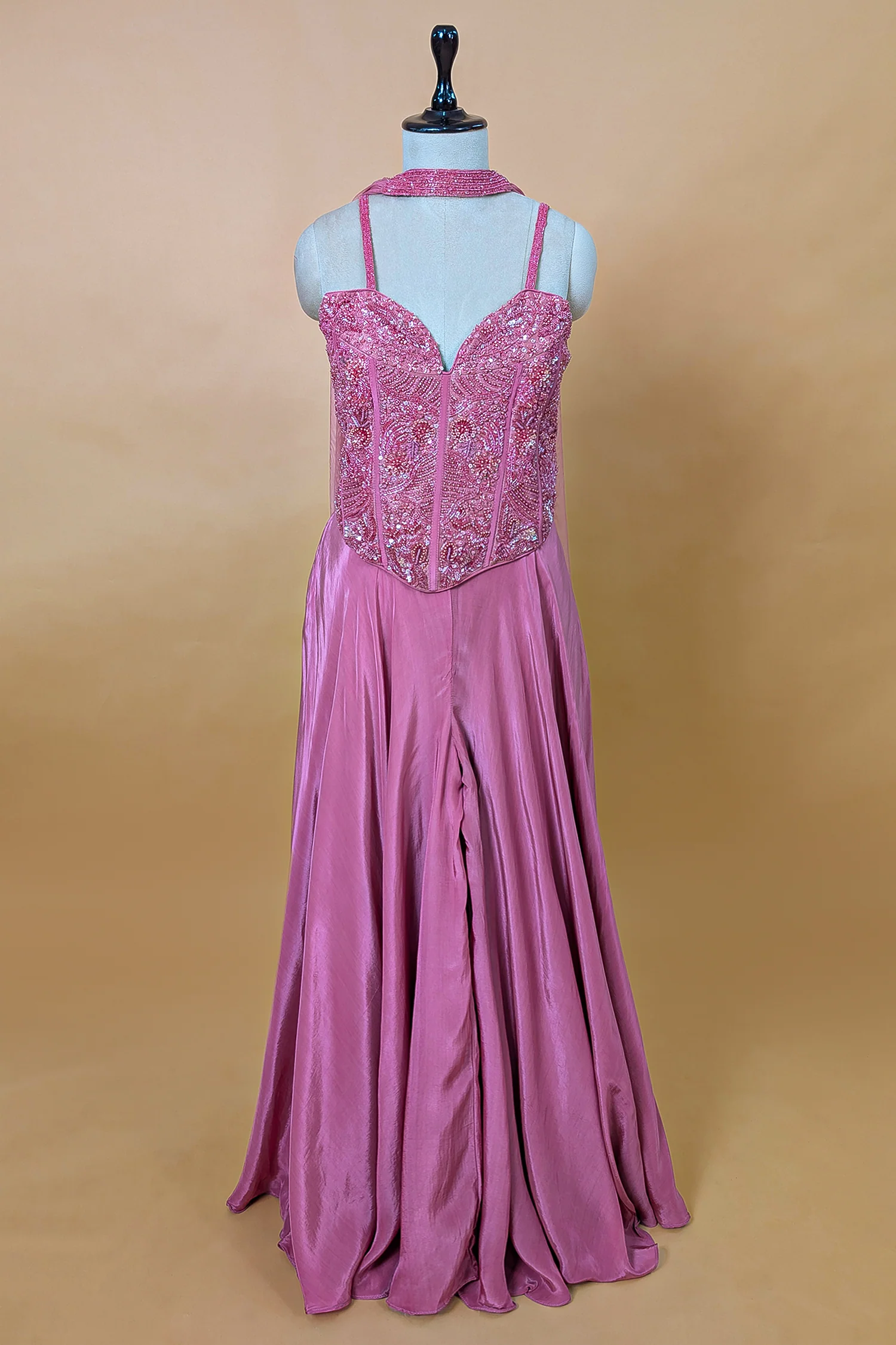 Mauve Pink Net Beaded and Cutdana Worked Corset Palazzo Set - Image 3